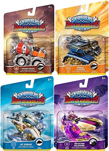 Jet Character Cars Super Chargers Sky Stream / Thump Truck / Splatter Splasher / Shield Striker Game Vehicles Sklanders Land & Sea 4-Pack