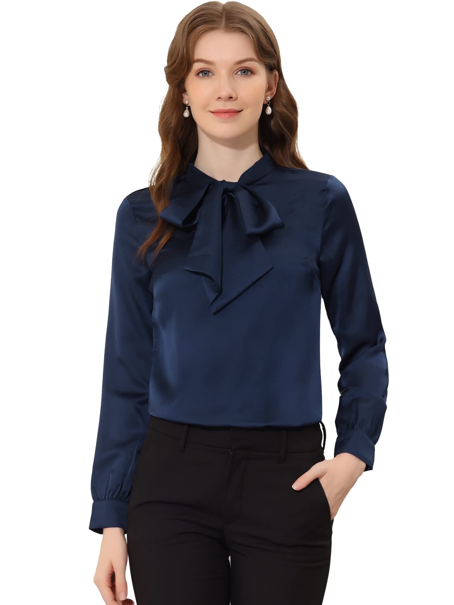 Allegra KSatin Blouse for Women's Bow Tie Neck Solid Work Office Shirt