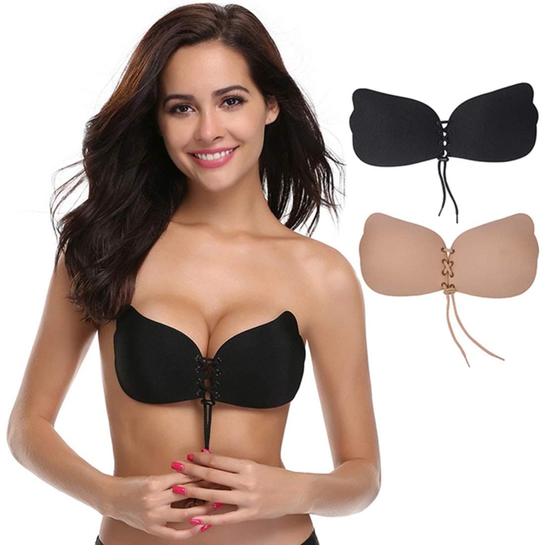MuryobaoWomen Sticky Strapless Bra Adhesive Backless Bras Silicone Push up Wedding Dress Bra Beige Black 2 Pack D Cup
