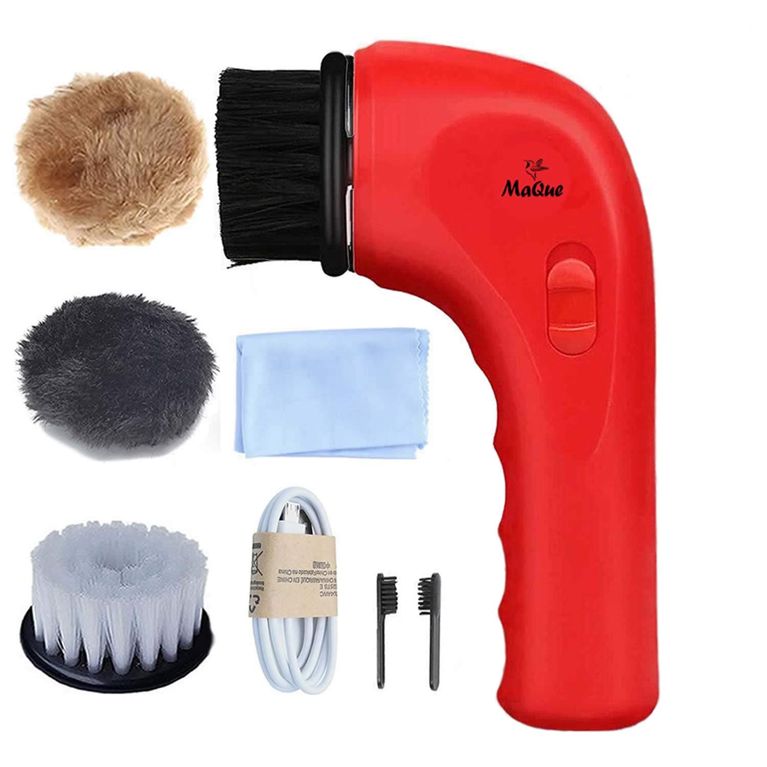 Electric Shoe Polisher Machine, MaQue Mini Handheld Electric Shoe Brush Shoe Shine with USB Interface Charging Port, Shoe Shine Kits for Leather Care (Red)