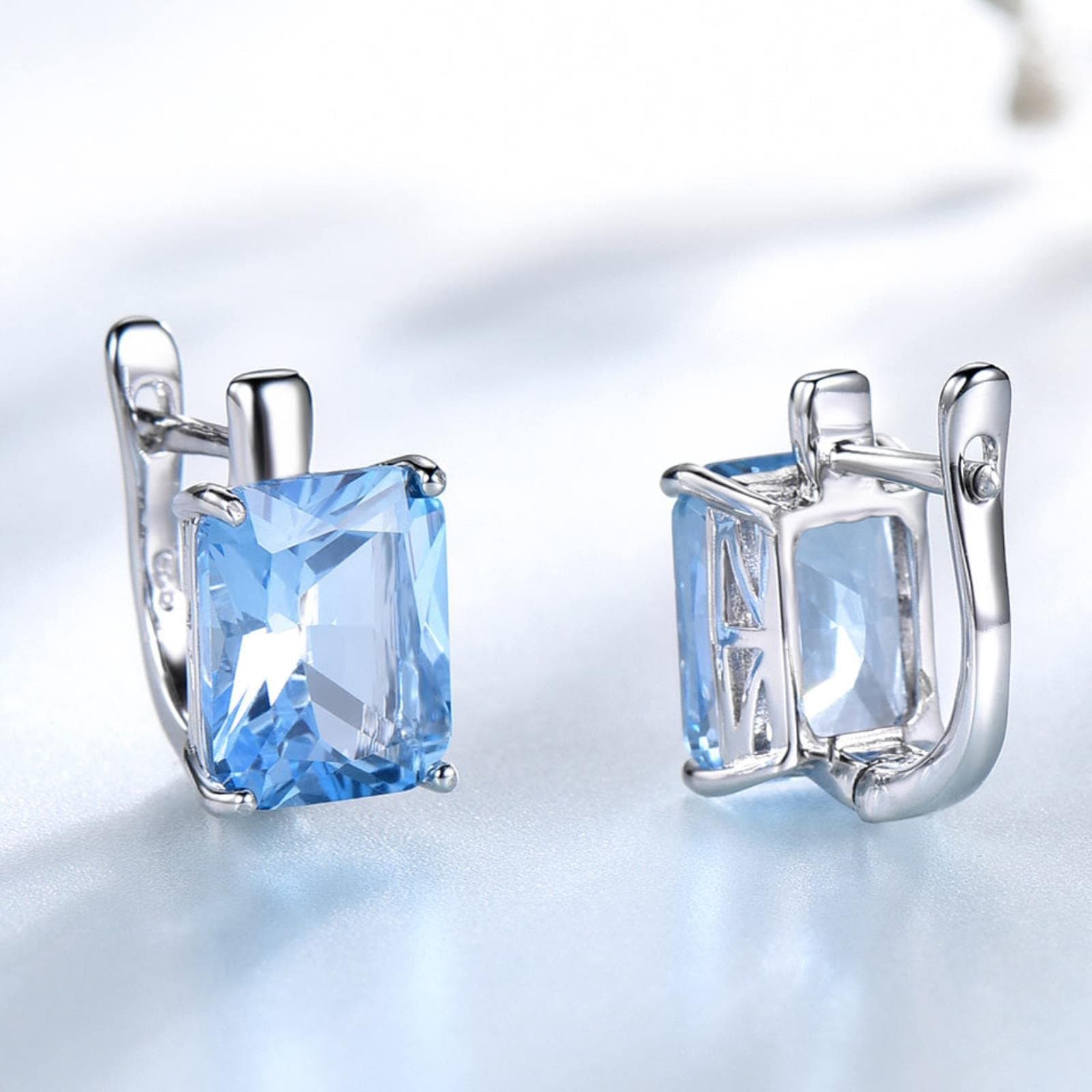 LOKILOKISolid 925 Sterling Silver Earrings Luxury Rectangle Created Sky Blue Topaz Clip Earrings For Women Gift Fine Jewelry