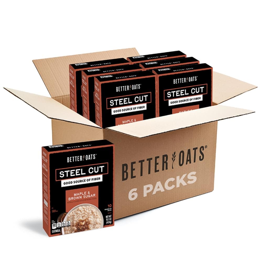 Better Oats Steel Cut Instant Oatmeal Packets, Maple and Brown Sugar Flavor with Flax Seeds, Quick-Cooking Breakfast, Box of 10 Pouches (Pack of 6)