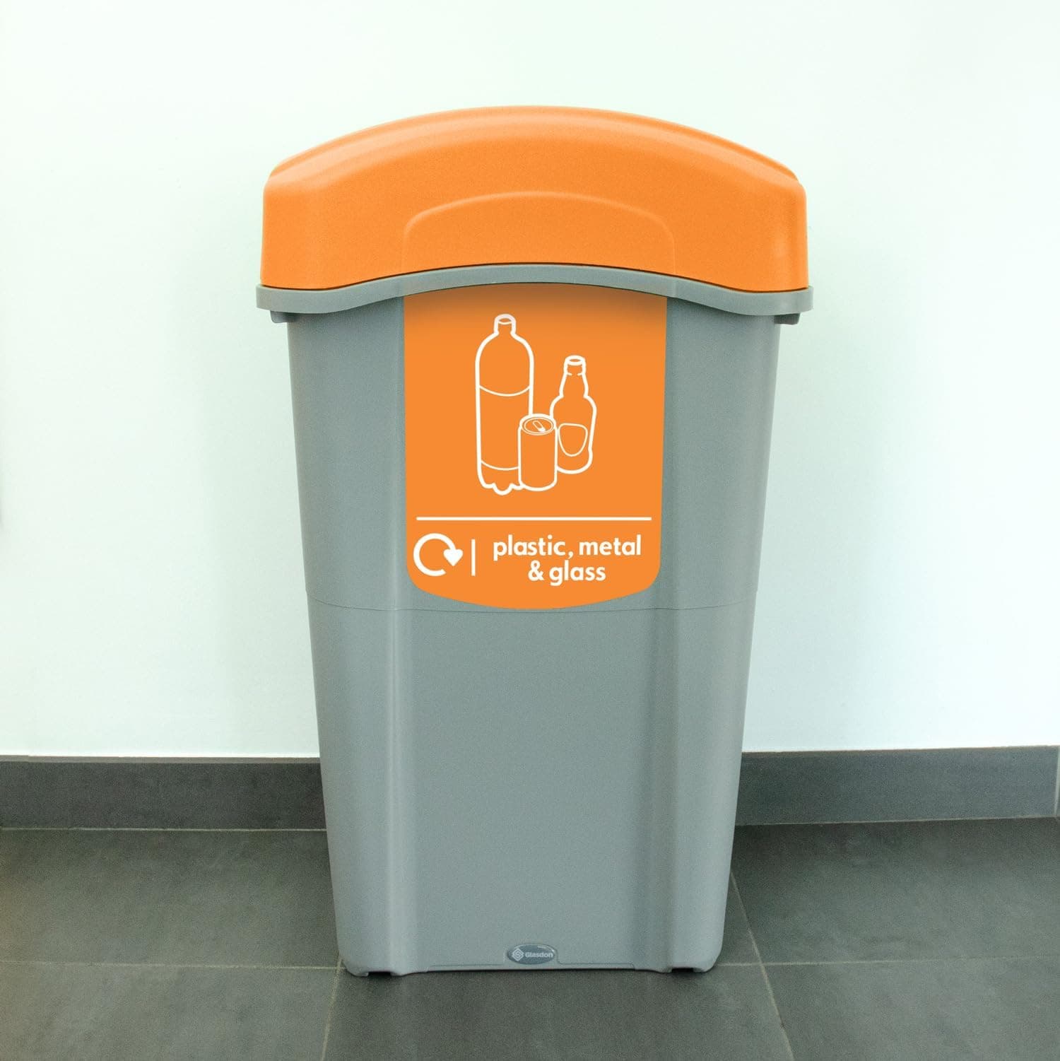 Eco Nexus 85 Plastic, Metal & Glass Recycling Bin (Grey, Orange Sticker) – 85-Litre Mixed Waste Bin with Narrow Footprint – Slim Indoor Recycling Container