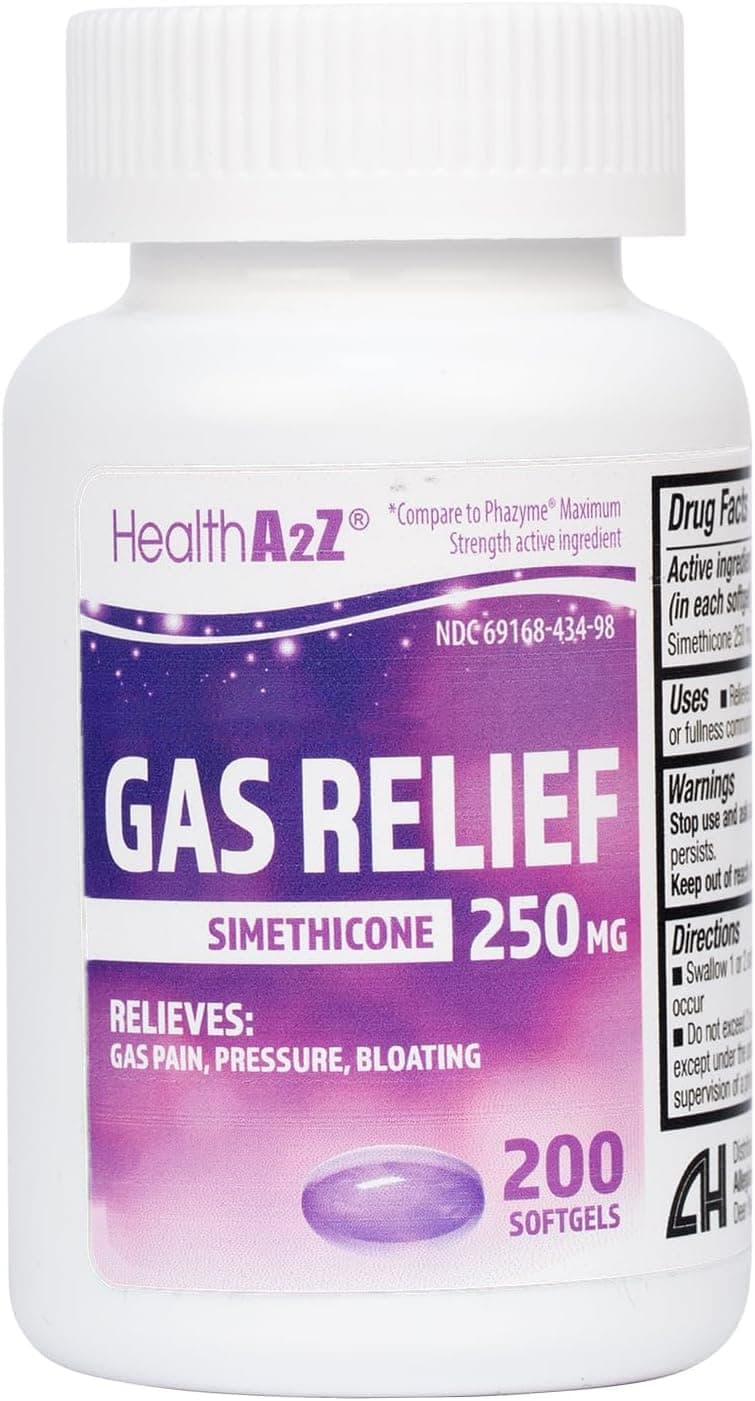 HealthA2Z® Gas Relief Simethicone 250mg | Maximum Strength | Fast Gas Relief | Relieve Symptoms Naturally (200 Softgels (Pack of 1))
