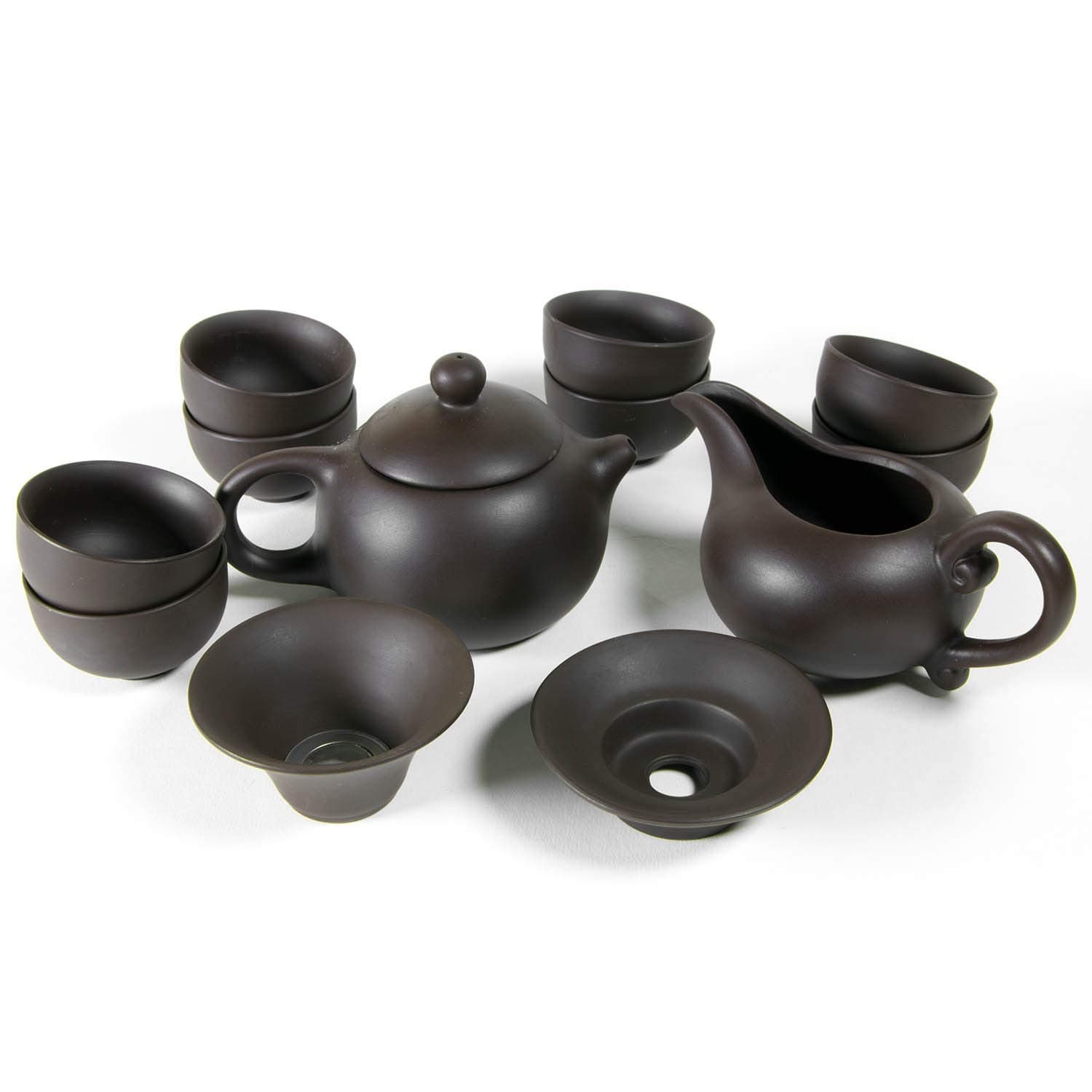 Chinese Tea Set, Kung Fu Porcelain Handmade Ceramic Tea Set (8 Cups with Teapot, Creamer Boat, and Strainer) - Dark Brown