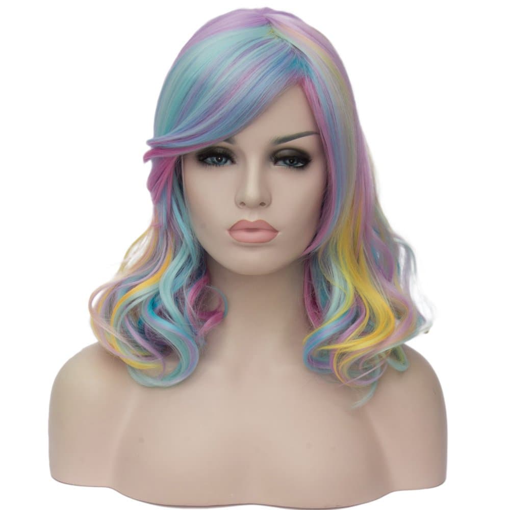 BERON 15.7" Women Girls Short Curly Rainbow Wig Rose Net with Wig Cap SW1909