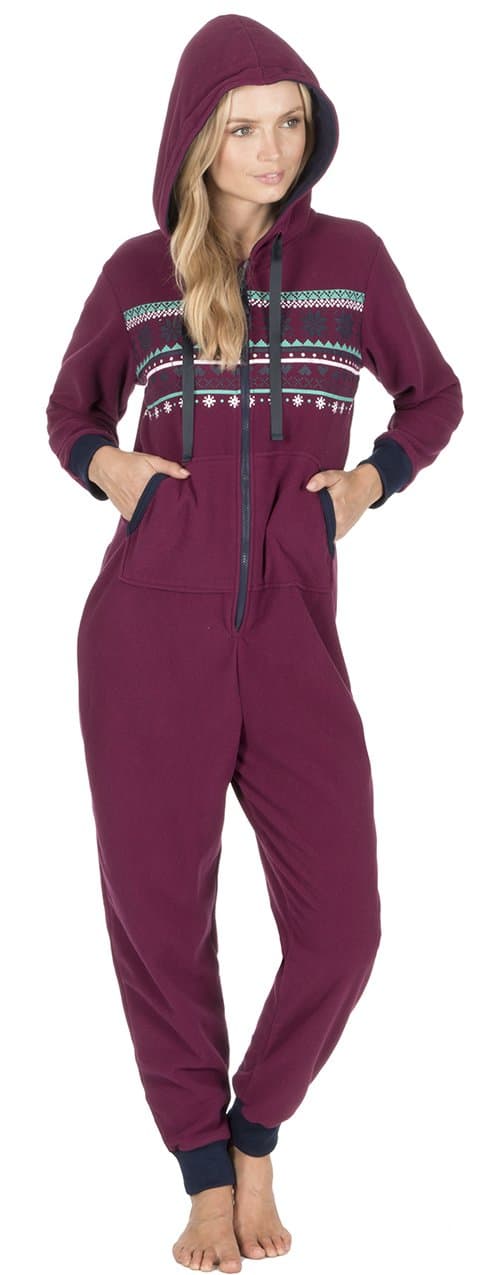 Ladies Micro Fleece Onesie Hooded Zip Athletic Pyjamas Los Angeles Aztec Fair Isle Elasticated Cuffed Ankles Wrists Pink Grey Navy Blue Maroon
