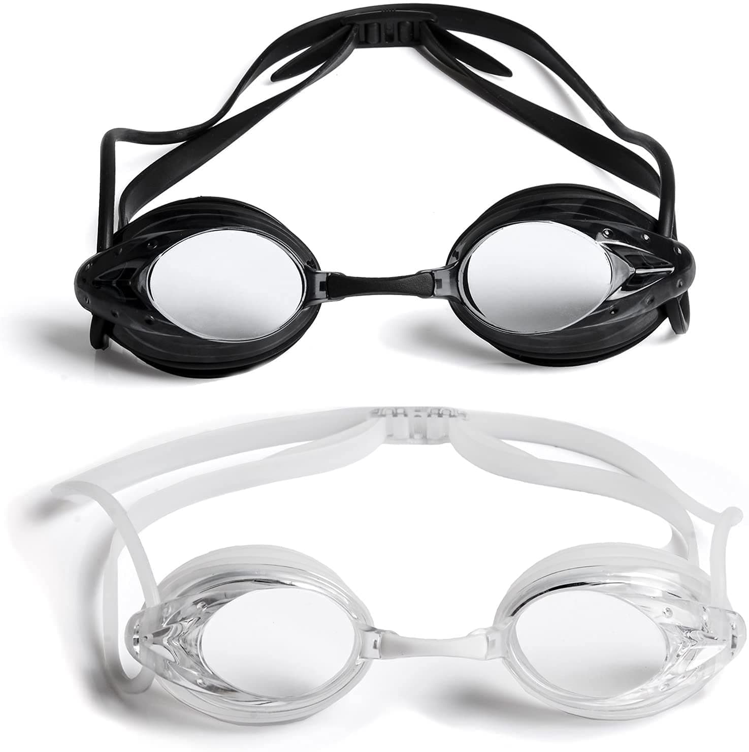 Swim Goggles in Cases (2-pack) with Interchangeable Nose Pieces (S/M/L) (Clear lens)