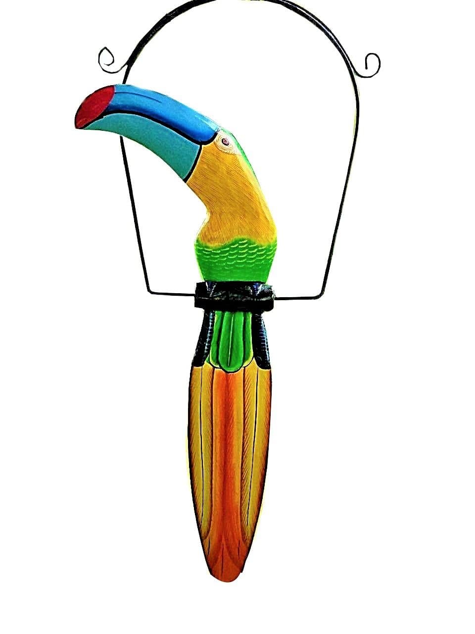 mcyiqihai All Seas Imports Unique Green/Yellow 19" HANDCARVED & Painted Wood Hanging Toucan with Metal Perch & Hook!