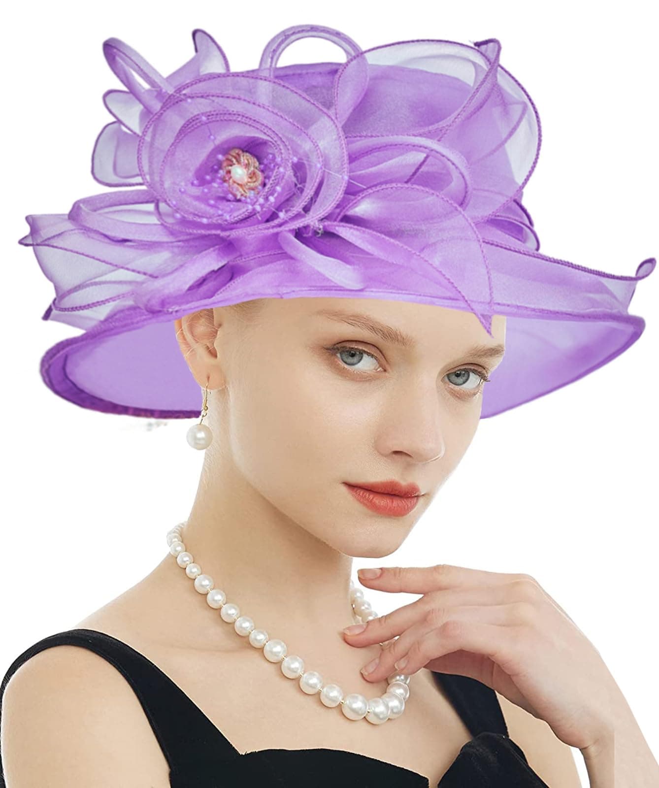 RZTA Women's Kentucky Derby Church Dress Hat Wide Brim Leaf Flower Bridal Shower Hat, Purple, One size