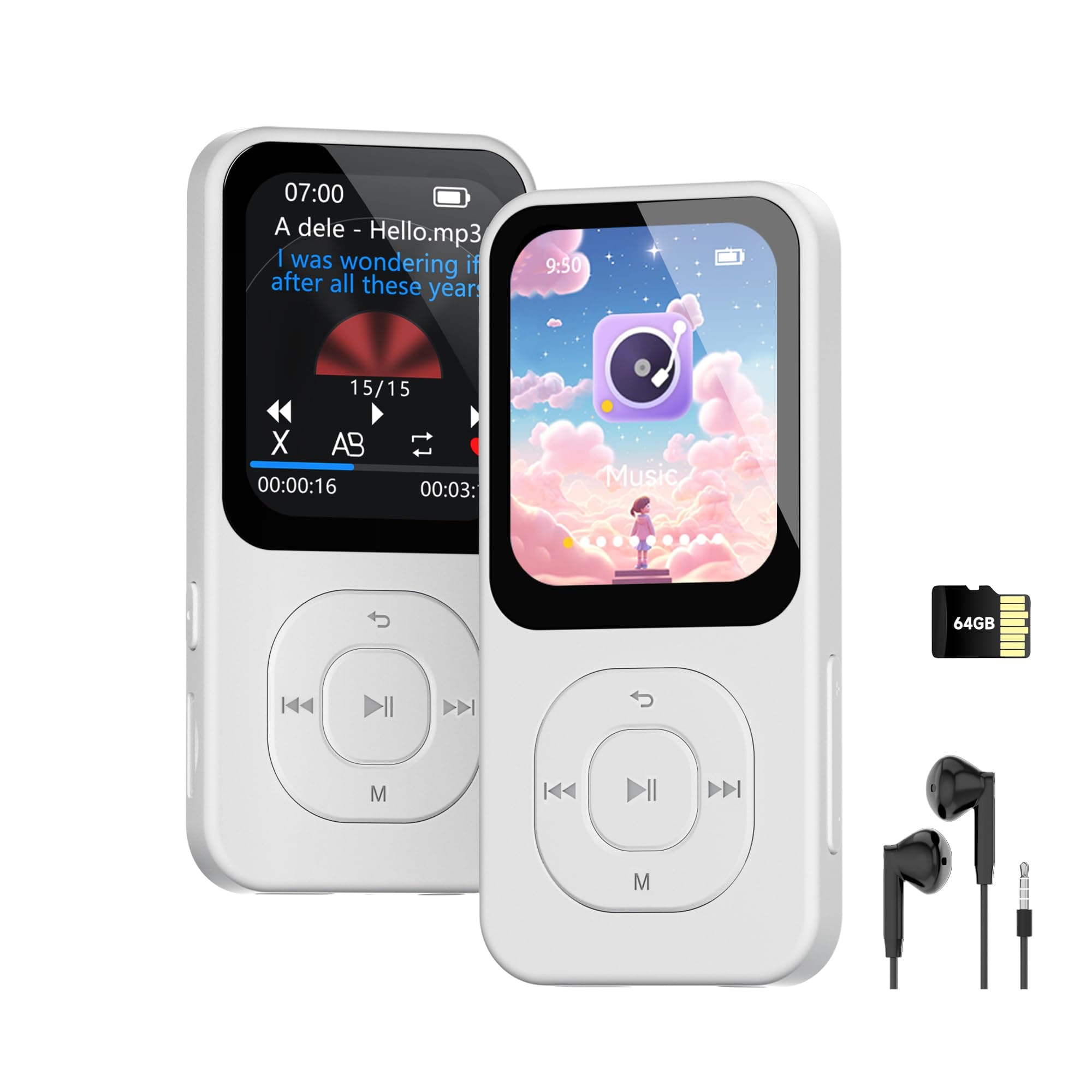 64GB MP3 Player with Bluetooth 5.3-30Hrs Music Playtime/HD Screen Portable Music Player for Sports Runners with Speaker, Voice Recorder, FM Radio, E-Book, Timer Off, Expandable Up to 256GB (White)