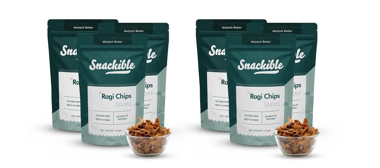 Snackible Spiced Ragi Chips (Pack of 6) - 6x55gm | Gluten Free | Reduces Cholestrol | Rich in Protein | No Added Preservatives
