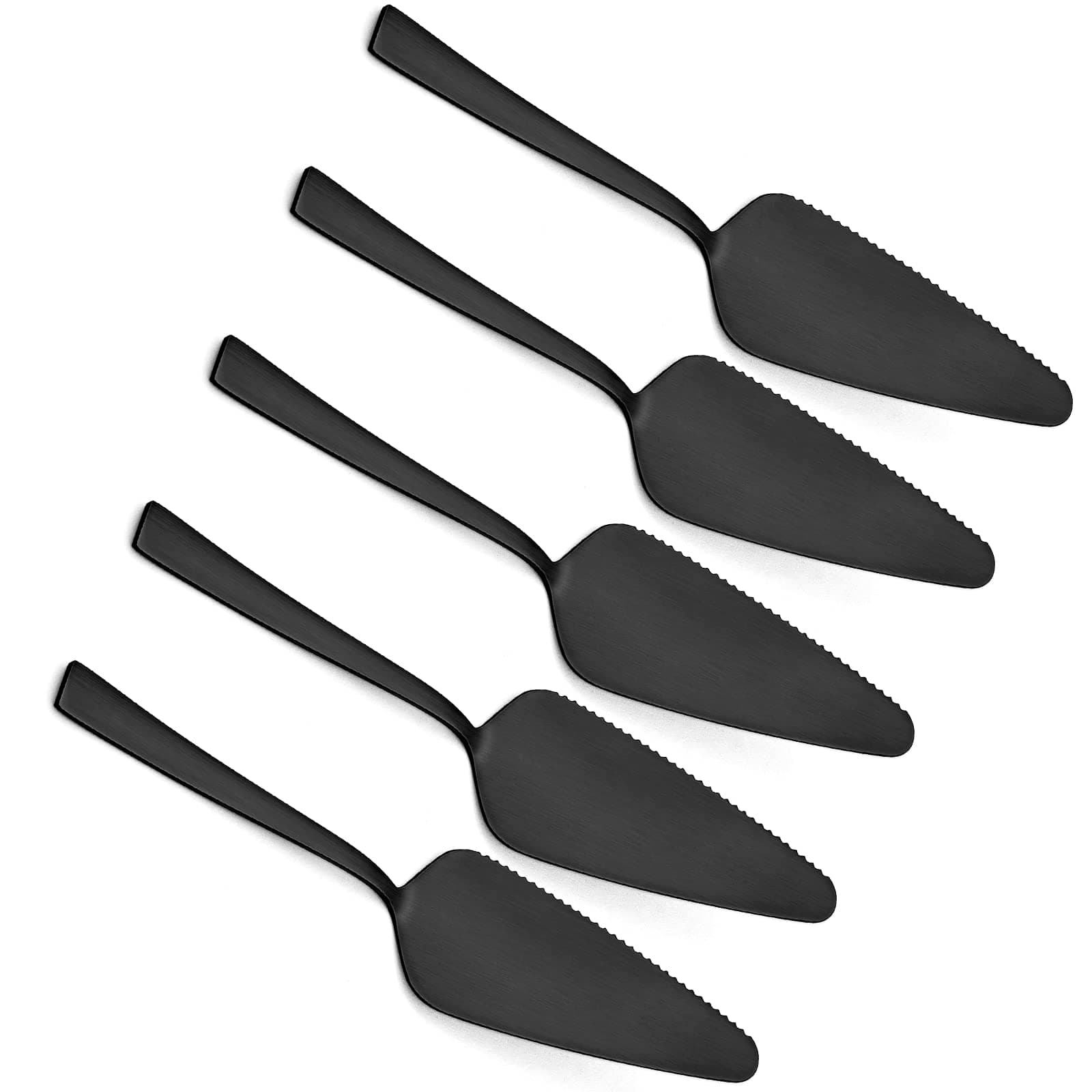E-far Matte Black Pie Server Set of 5, 8.9 Inch Stainless Steel Cake Server Cutter for Pastry Cheese Pizza, Serrated Edge with Square Handle, Dishwasher Safe