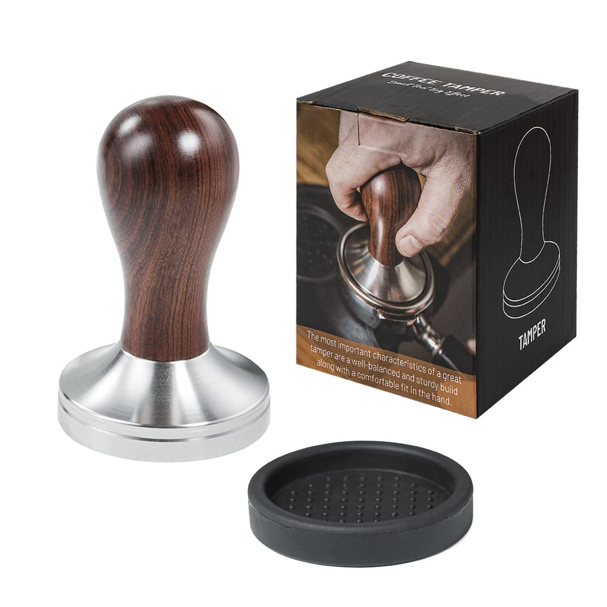 Coffee Tamper Espresso Press with Tamper Mat 304 Stainless Steel Flat Base Wooden Handle for Coffee Grounds Barista Espresso Machines Accessory (51MM)
