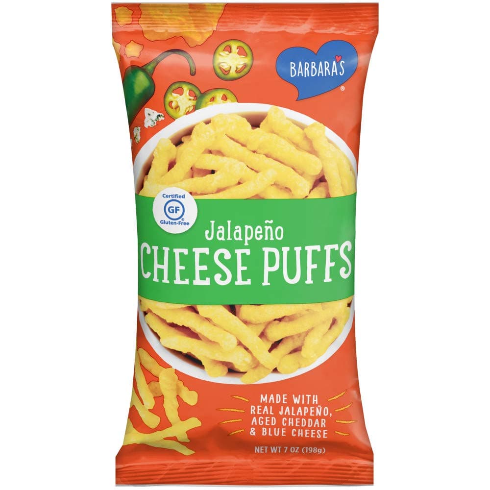 Barbara's Jalapeno Cheese Puffs, Cheese Puffed Kids Snack Made With Real Aged Cheddar and Blue Cheese, Gluten Free Snack, 7 OZ Bag