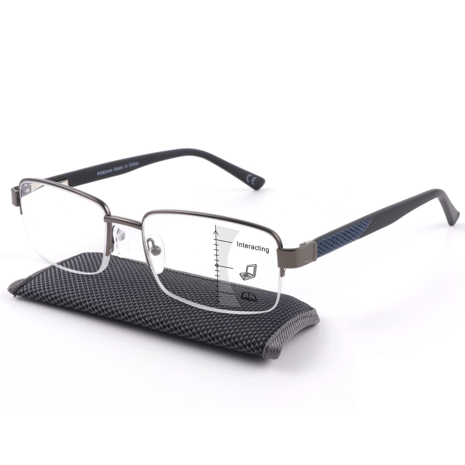 Missfive Men Premium Multifocus Reading Glasses Blue Light Blocking, Progressive Metal Frame With No Broken Spring Hinge(Workspace For Near Range 2.00x)