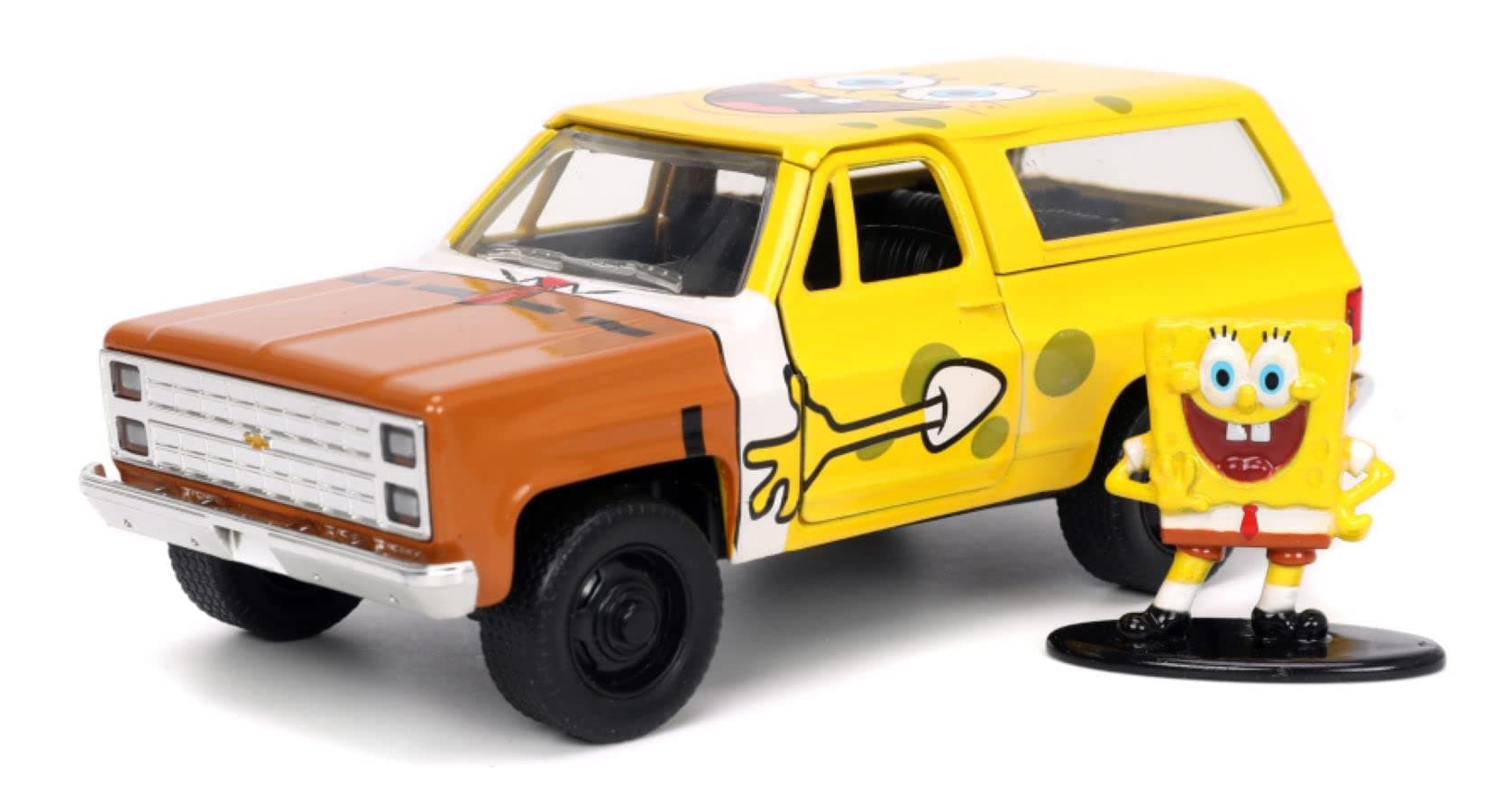 Jada Toys Spongebob Squarepants 1:32 1980 Chevy Blazer K5 Die-cast Car and 1.65" Spongebob Figure, Toys for Kids and Adults, 31798, Yellow