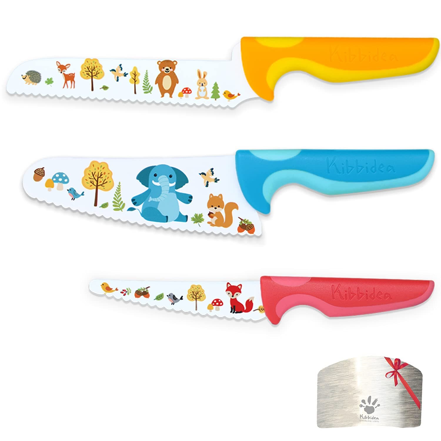 Kibbidea Kids Knife Set for Real Cooking, 4pcs Kids Safe Kitchen Cutting Knives, Stainless Steel Blades, Children First Starter knife, BPA-free (Multicolor)