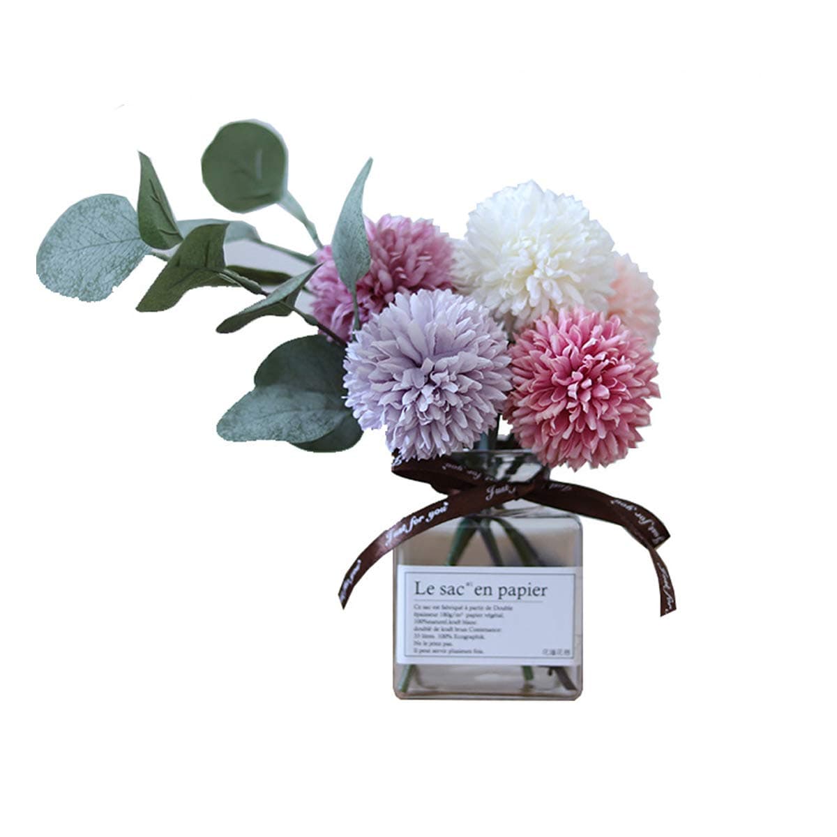 Artificial Flowers with Vase, Fake Ball Chrysanthemum Flowers in Thin Glass Vase, Faux Flower Arrangements for Home Decor, Green, Small