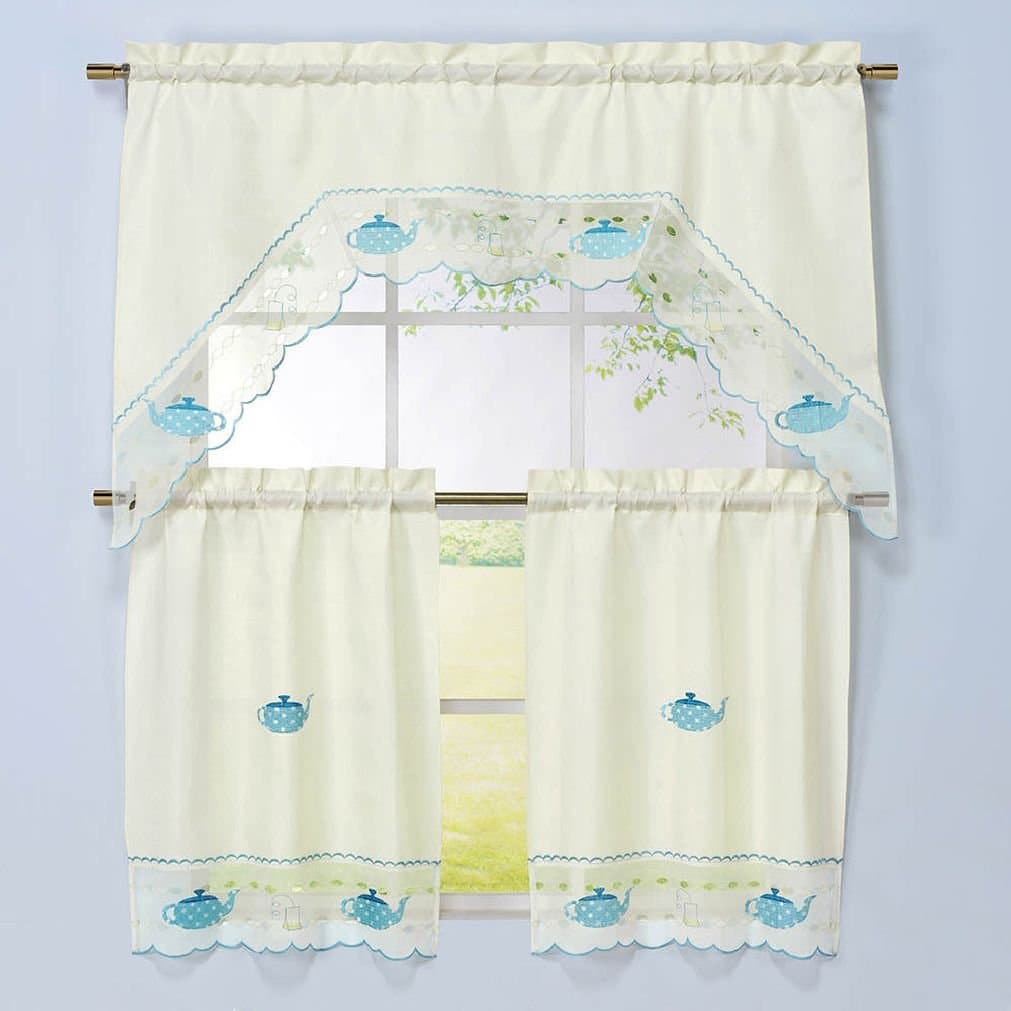 Fancy 3 Piece Tea Party Ivory Embroidered Kitchen Curtain Set Swag Valance & Tiers