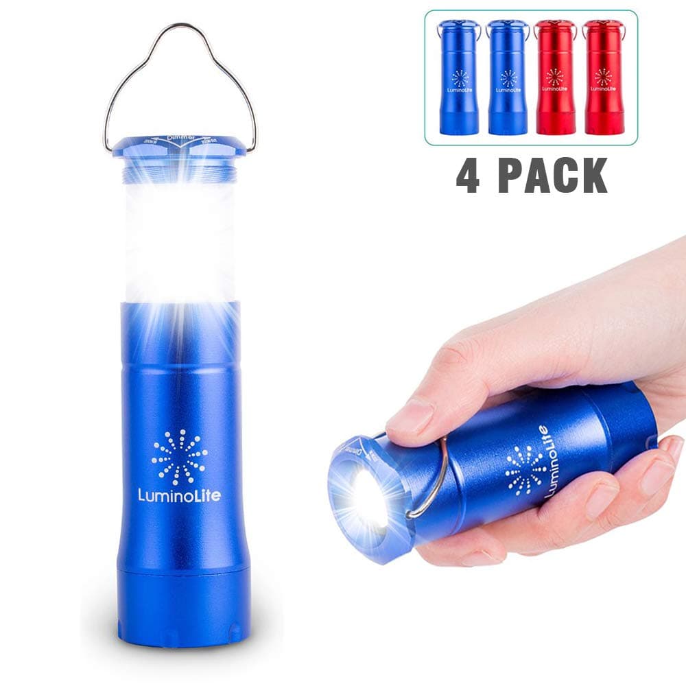 2 in 1 LED Lantern Flashlights 4 Pack with 12 AAA Batteries, 200 Lumens Smallest Lantern, 35 Hours Shining, Pocket Size. Survival Gear for Camping, Emergencies, Hurricane & Outage (Blue & Red)