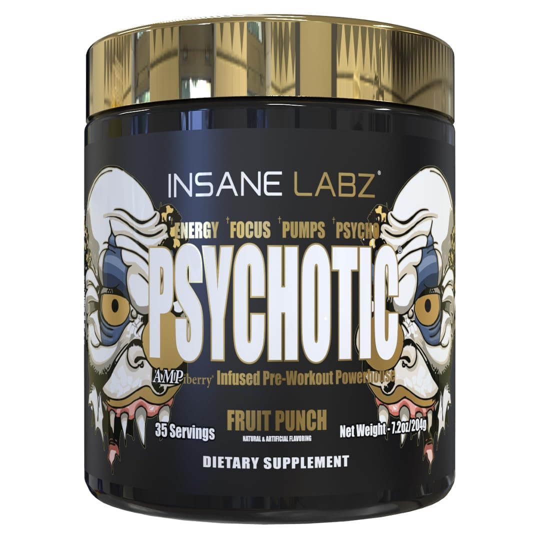 Psychotic Gold, High Stimulant Pre Workout Powder, Extreme Lasting Energy Focus, Pumps and Endurance with Beta Alanine, DMAE Bitartrate, NO Booster (35 Servings, Fruit Punch)