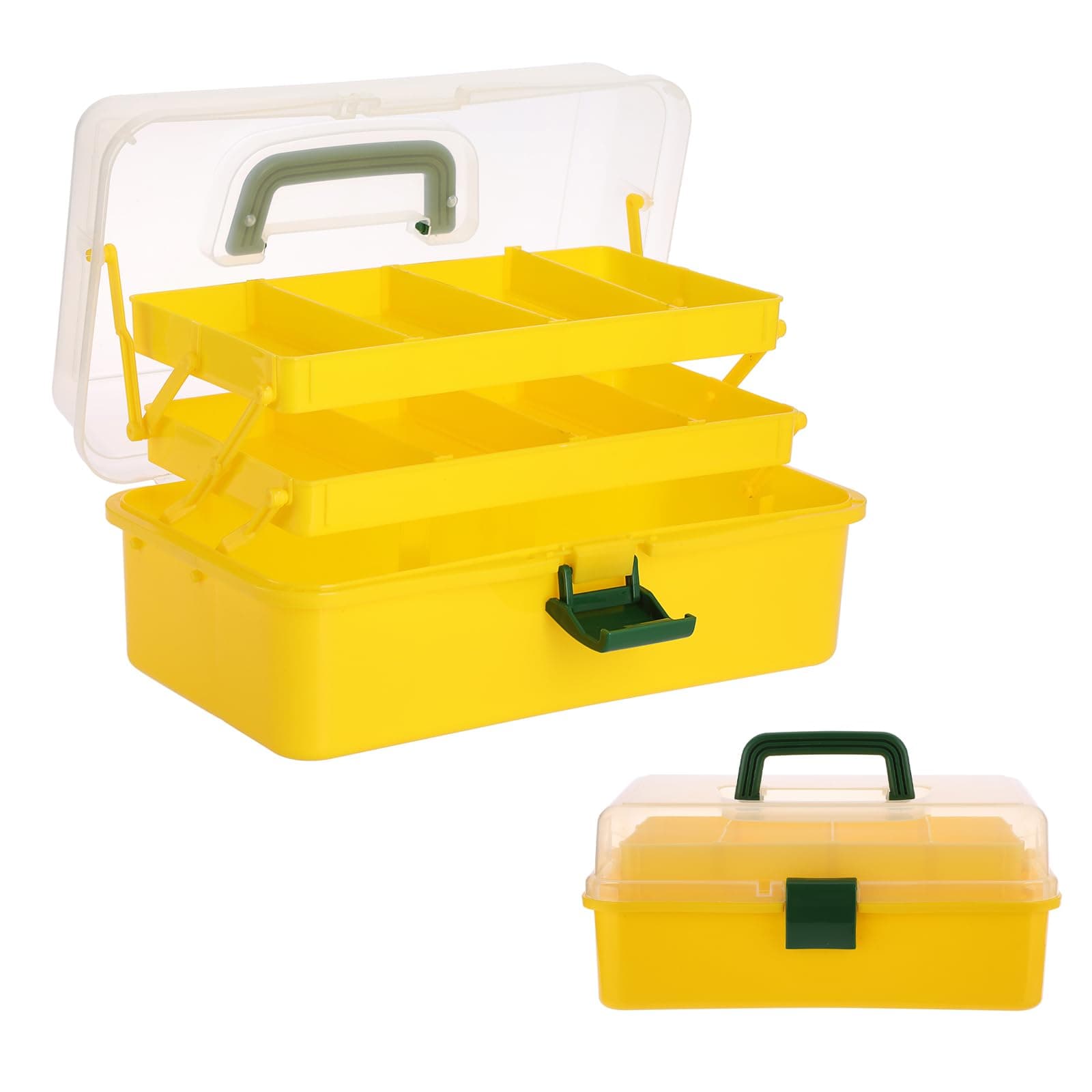 BTSKY 3-Layer Plastic Dividing Storage Box Craft Organizer with Adjustable Spacers Portable Handled Art Supply Organizer Multipurpose Home Utility Box for Sewing (Yellow+Green)