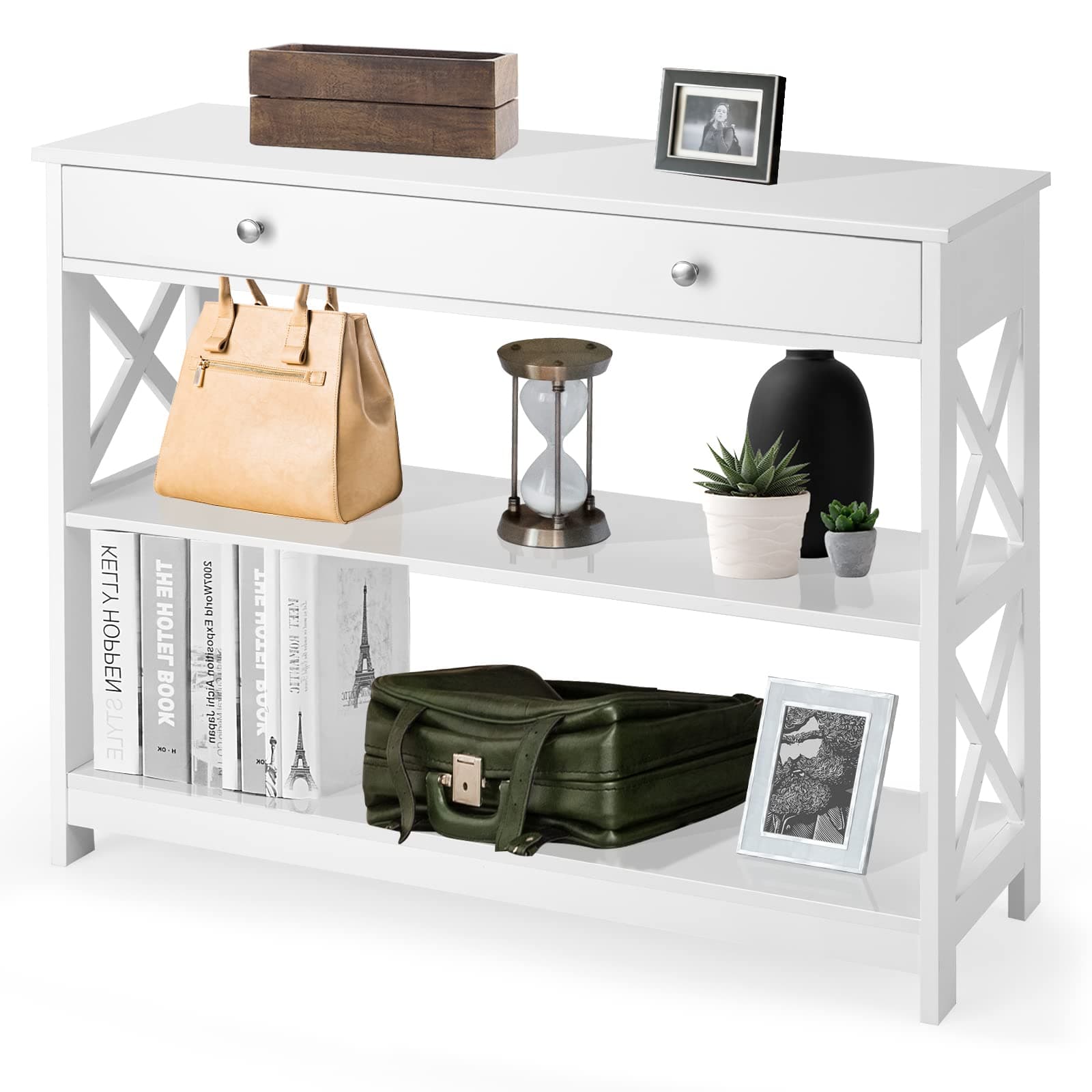2/3-Tier Console Table, X-Design Wooden Side End Table with a Drawer/Shelves, Narrow Sofa Table Hall Desk for Living Room Bedroom Entryway (White, 3 Tiers with Drawer)