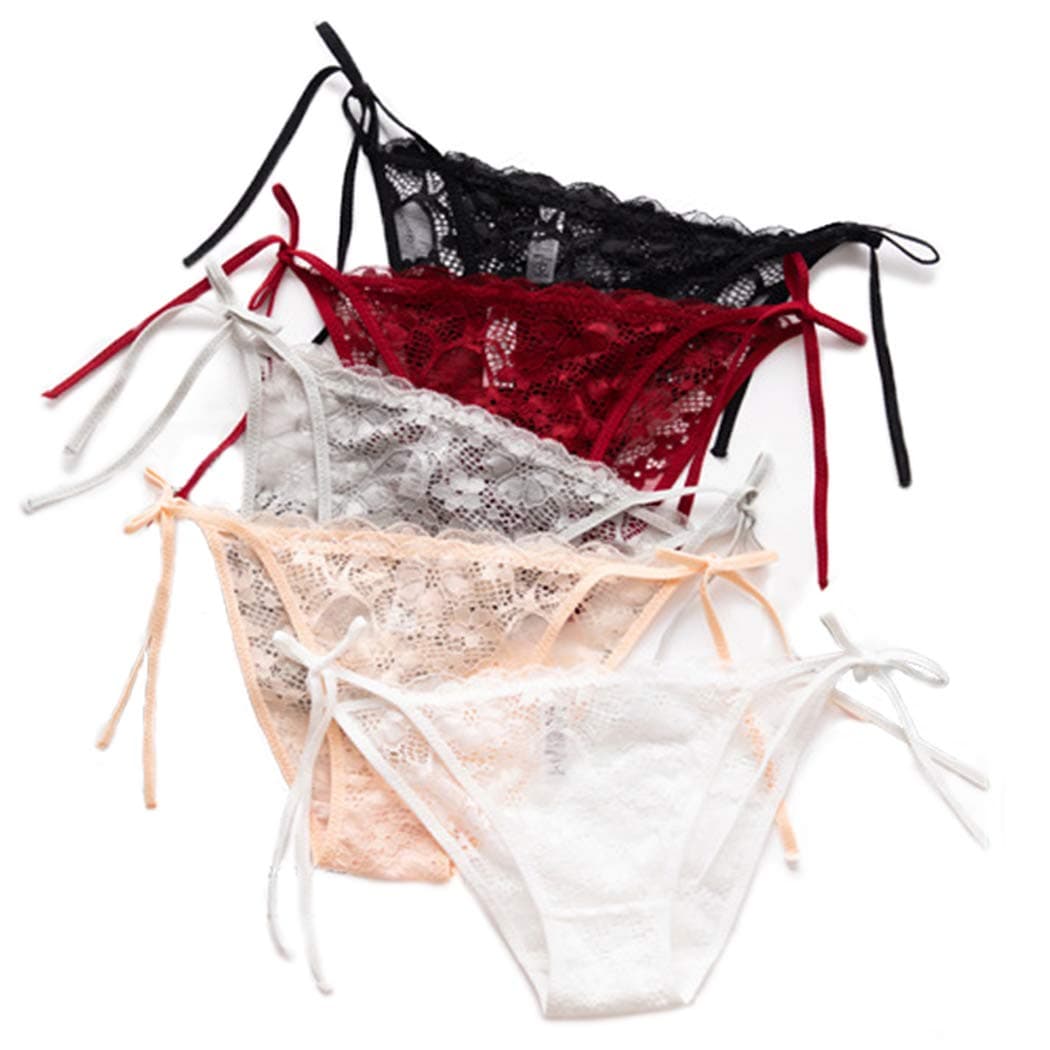 HTRUIYA 5 Pack Women's Side Tie Panties Wild Lace Bikini Adjustable G-String Underwear (Multicolour) One Size