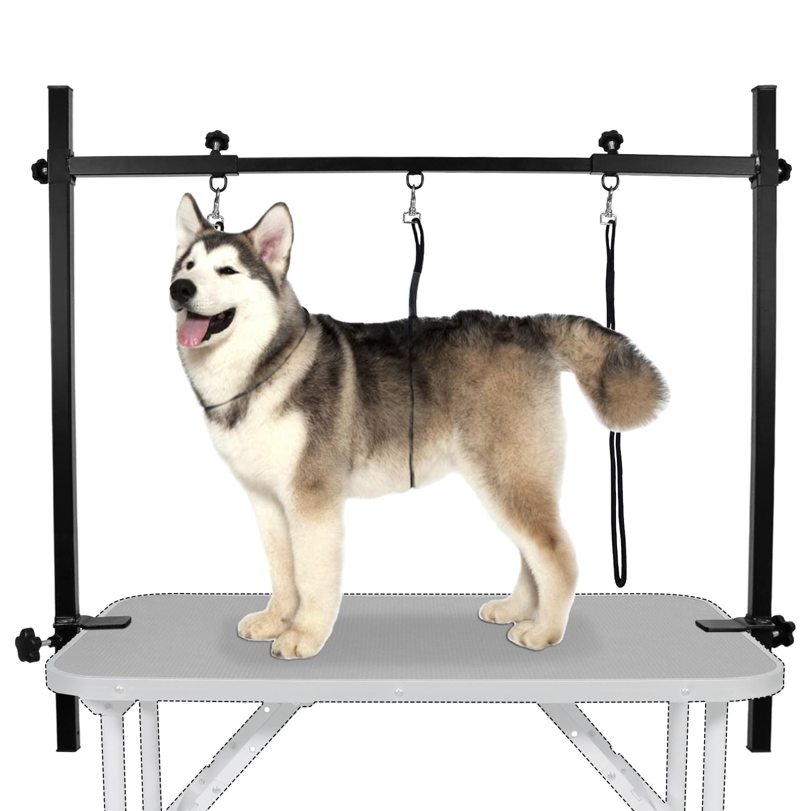 LEIBOU Dog Grooming Arm H-Shape Pet Dog Grooming Table Arm with 3 Noose and Clamp for Dogs and Cats Heavy Duty Aluminum Alloy Frame with 35.4” Adjustable Height and 36.2” ~ 50” Adjustable Width