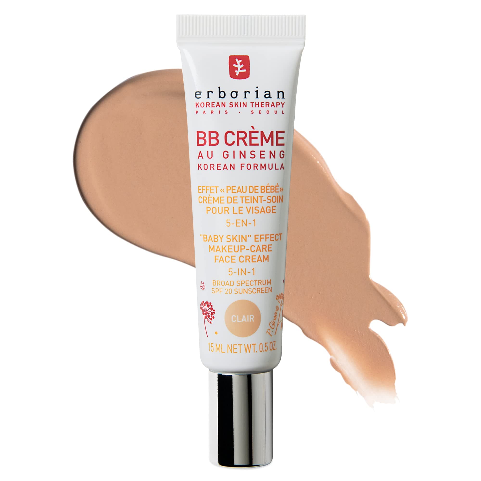 Erborian BB Cream with Ginseng, Fair (Clair), Light Coverage with Matte Finish SPF 20 & Ultra-Soft Matte, Minimized Pores, Blemishes & Imperfections - Corean Face Makeup & Skincare - 140ml
