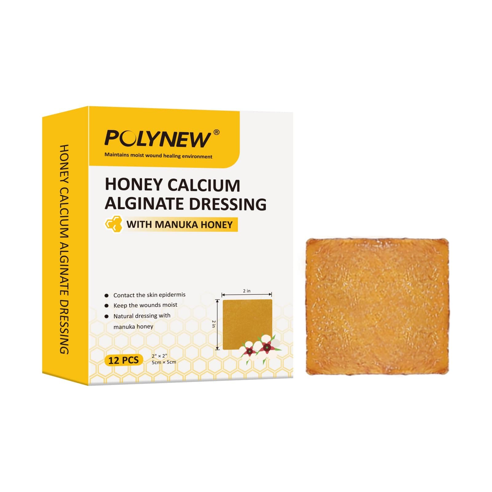 Impregnated Manuka Honey Calcium Alginate Dressing, 2"x2"-12Pcs/Box, Non-Adherent Calcium Alginate Dressing with Manuka Honey, Natural Wound Care Bandages for Burns, Faster Wound Care