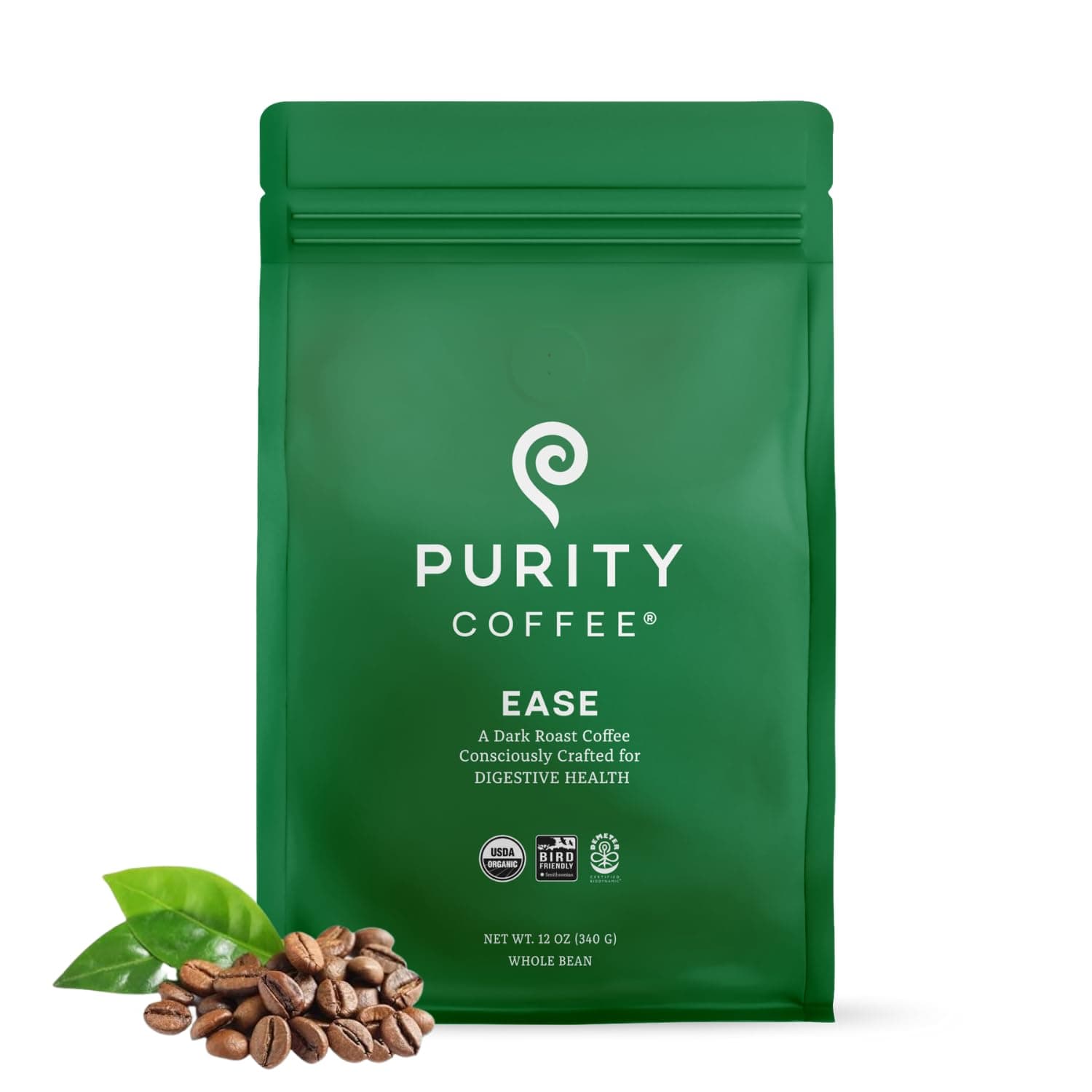 Purity Coffee EASE Dark Roast Low Acid Organic Coffee - USDA Certified Organic Specialty Grade Arabica Whole Bean Coffee - Third Party Tested for Mold, Mycotoxins and Pesticides - 12 oz Bag