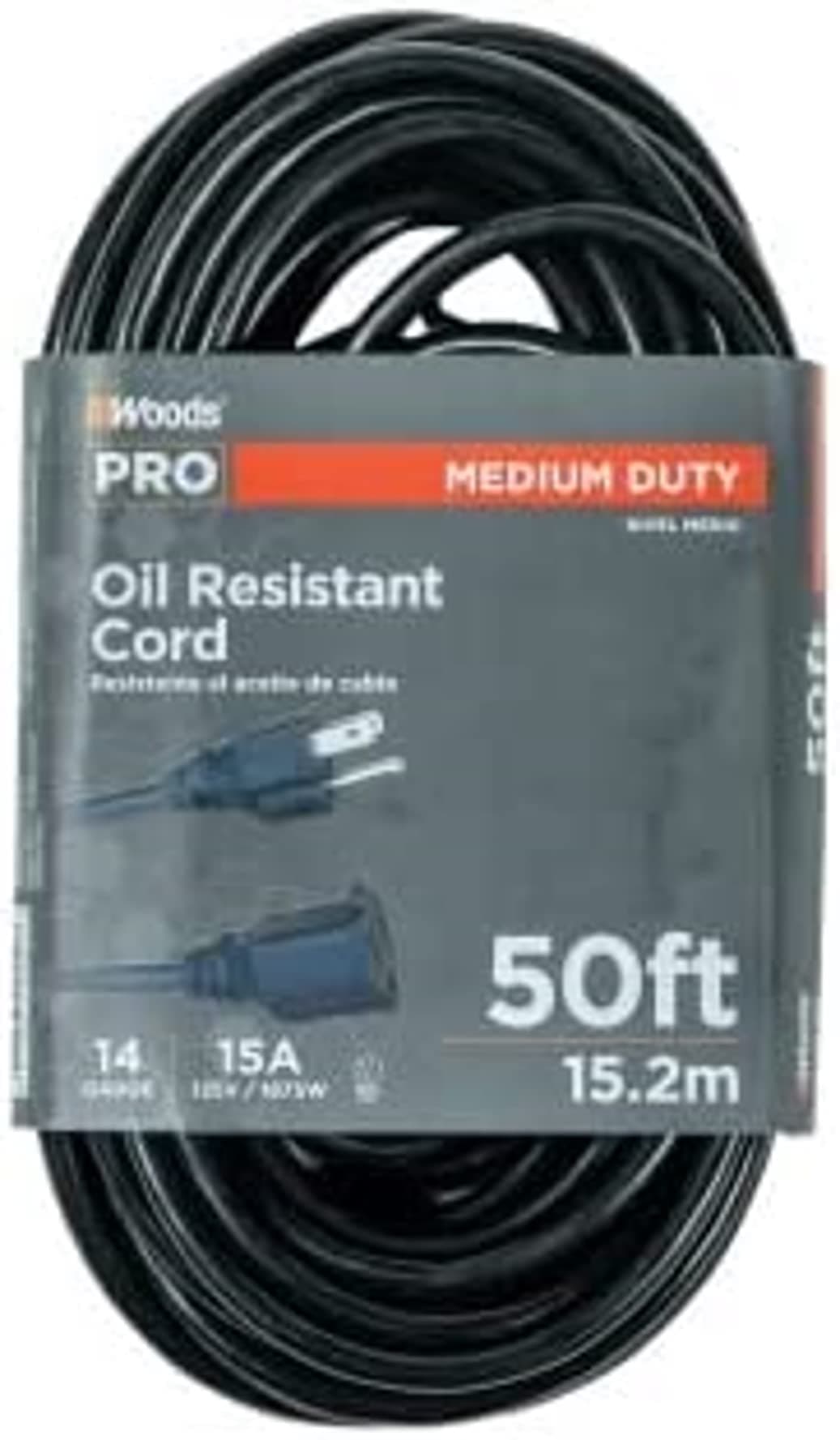 Woods PRO Medium Duty Extension Cord - 14/3 Gauge - Oil Resistant Vinyl Jacket - Versatile Use - Flexible All-Weather Cord - UL Listed - Black Cord - 50 Foot Length