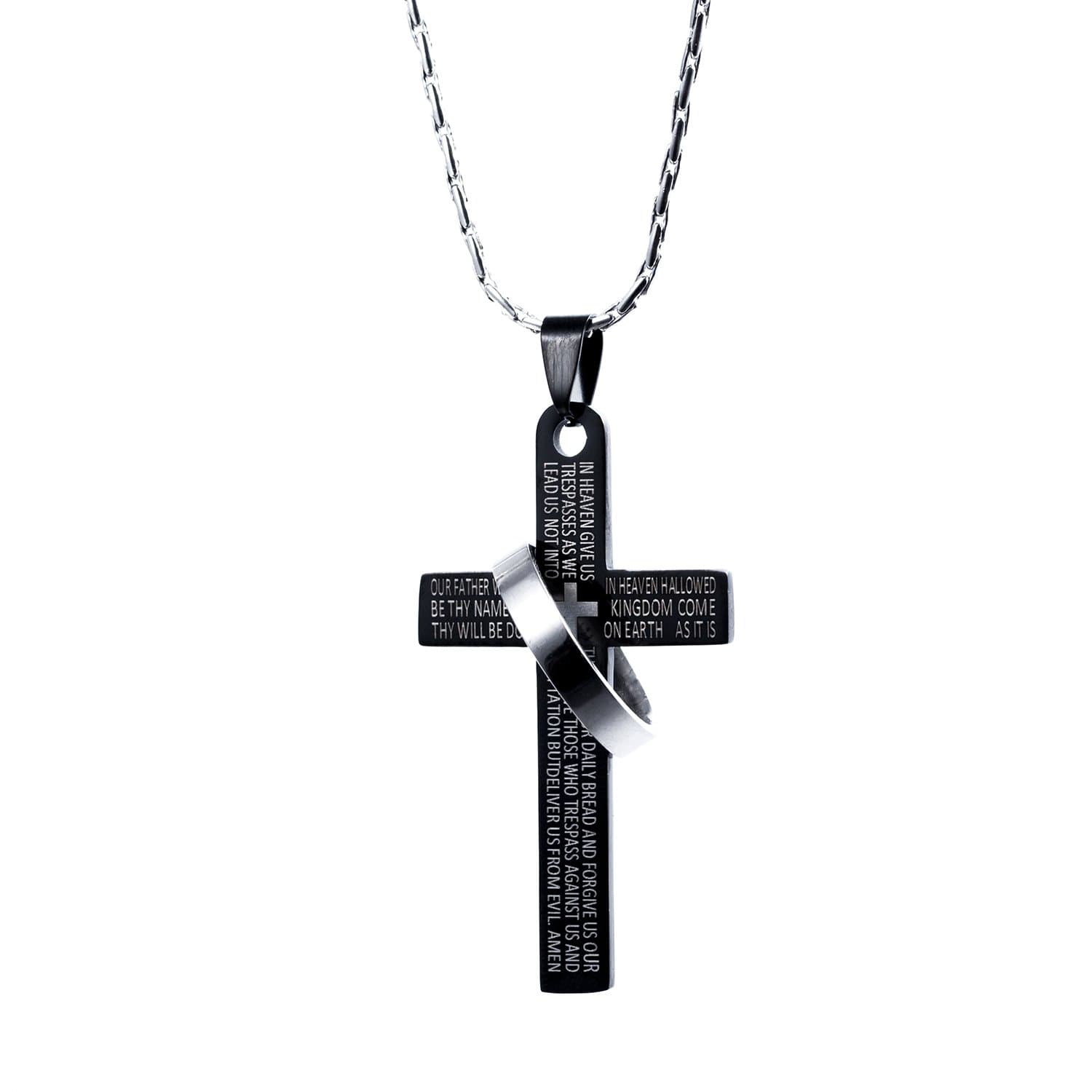 Men's Stainless Steel Chain [Lord's Prayer Necklace] Cross & Ring Halo - Black Pendant - Christmas Gift