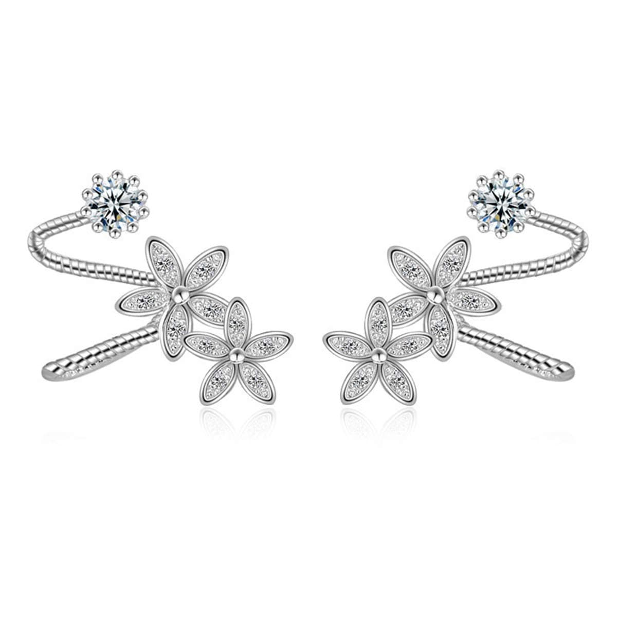 Orris Sterling Silver Flower&Diamond Style Ear Cuff Wrap Clip Stud Set Earring (For Pierced Ear)