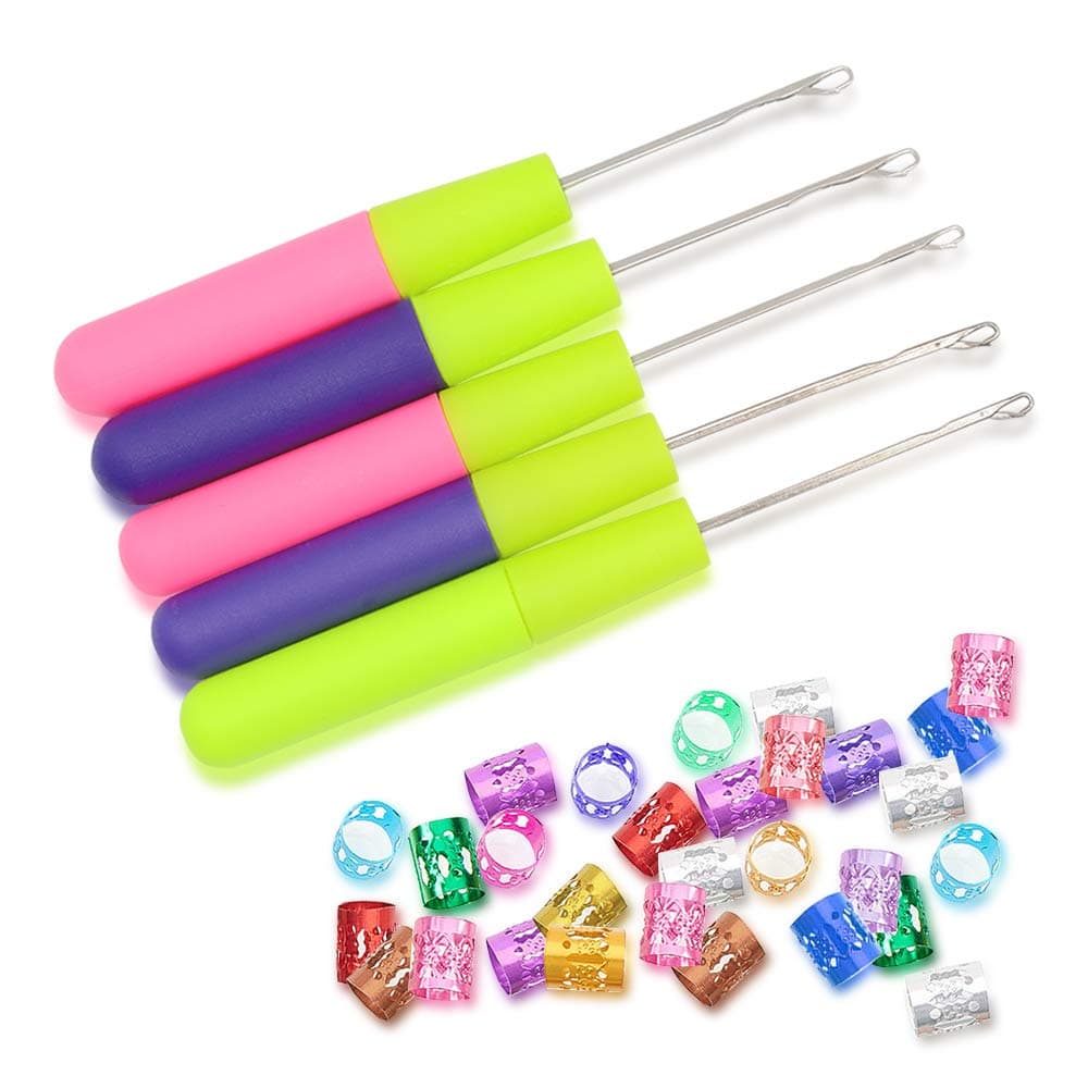 HOSTK 5PCS Dreadlock Crochet Hooks Tool with 50PCS Dreadlocks Crochet Ring Hair Crochet Needle Latch Hook Crochet Needles Set for Hair Dreadlock Accessories Decoration