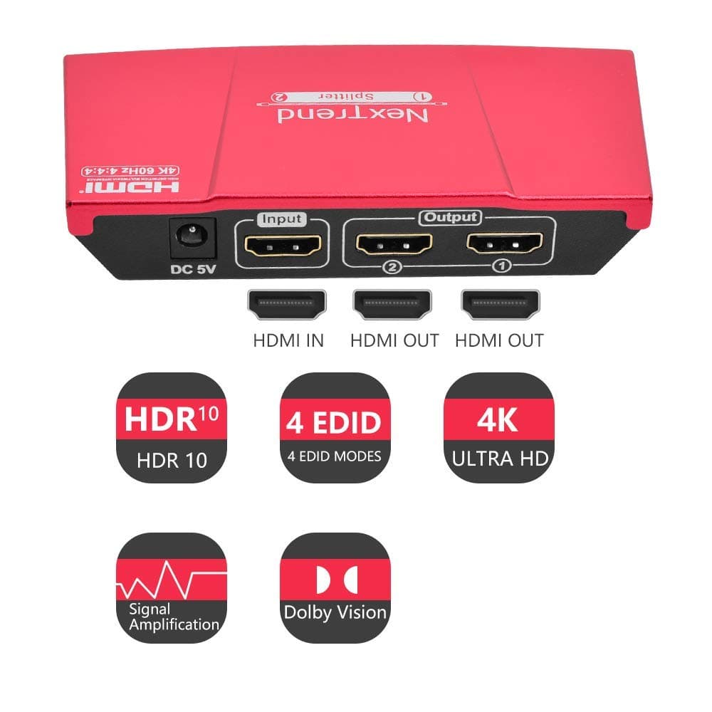 4K 60HZ HDR 1x2 HDMI 2.0 Splitter, NexTrend Powered Alloy 1 In 2 Ports HDMI Display, Intelligent Auto Scalling, Supports 3D Full HD1080P, Compatible with Xbox PS3 PS4 Fire Stick Roku Blu-Ray Player TV