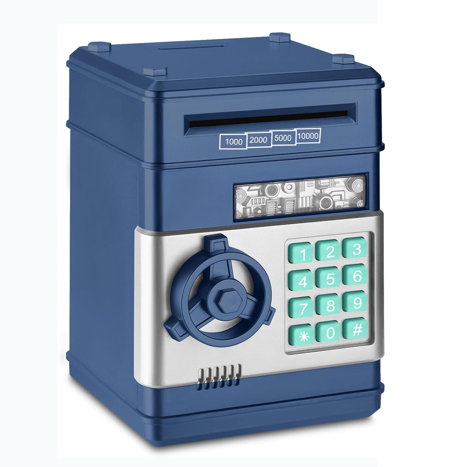 AWH Setibre Piggy Bank, Electronic ATM Password Cash Coin Can Auto Scroll Paper Money Saving Box Toy Gift for Kids (Navy Blue)