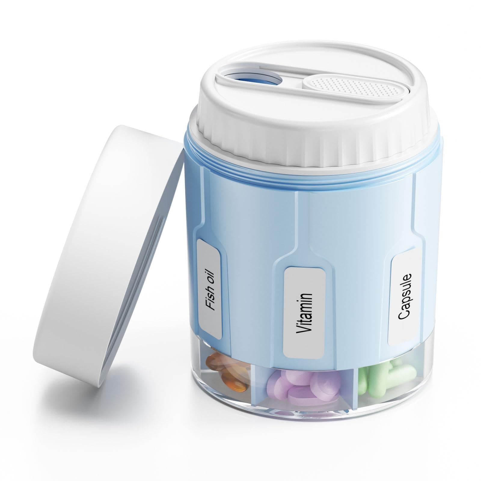 Daviky Vitamin Bottle Organizer, Supplement Organizer with 7 Large Compartments, Medicine Pill Dispenser with Two Lids（Blue）