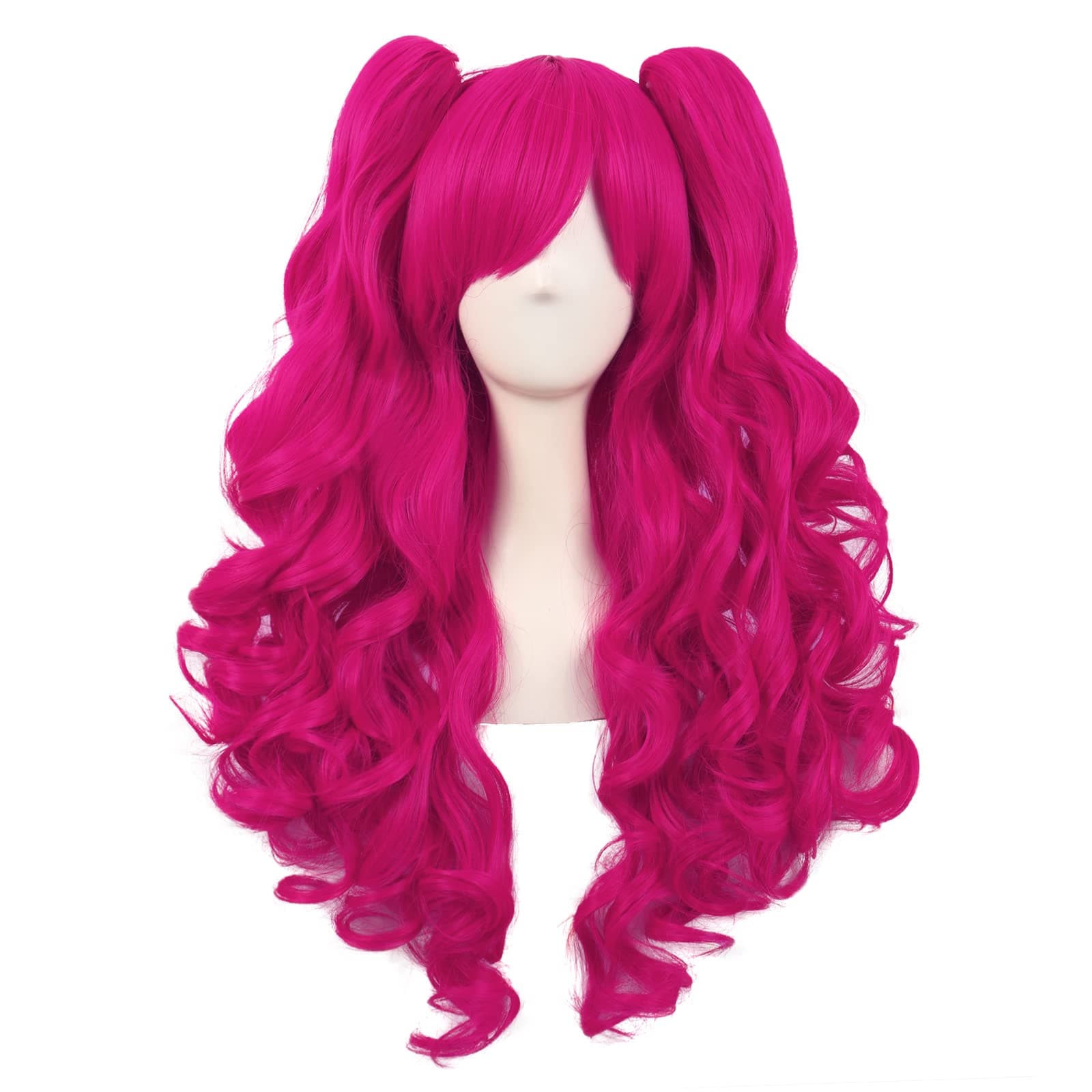 28 Inch/70 cm Lolita Long Curly 2 Ponytails Clip on Cosplay Wig (Hot Pink)