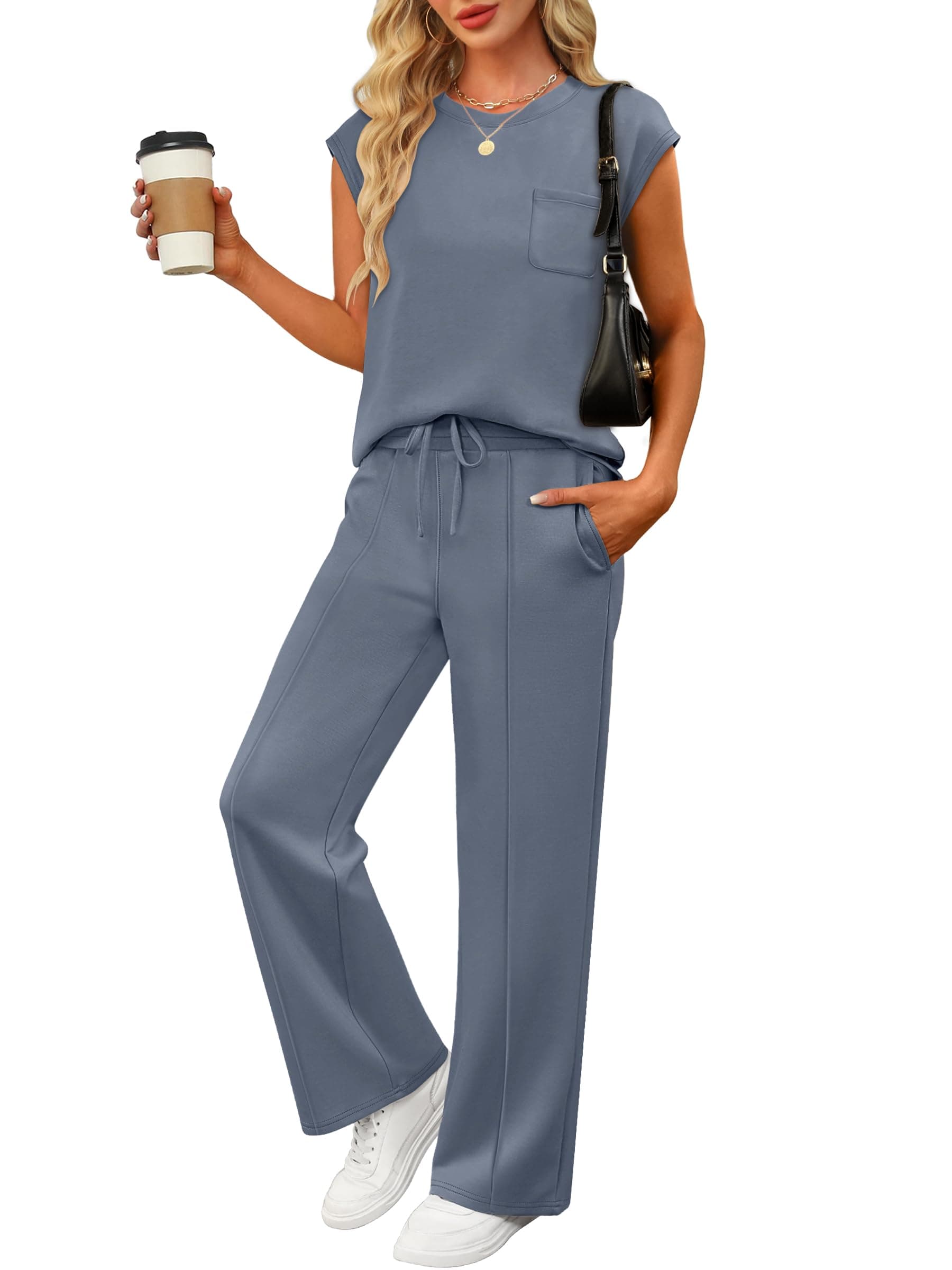 ANRABESS Women's Summer 2 Piece Outfits Casual Sleeveless Sweatsuits Matching Wide Leg Tracksuits Lounge Sets Fashion Clothes