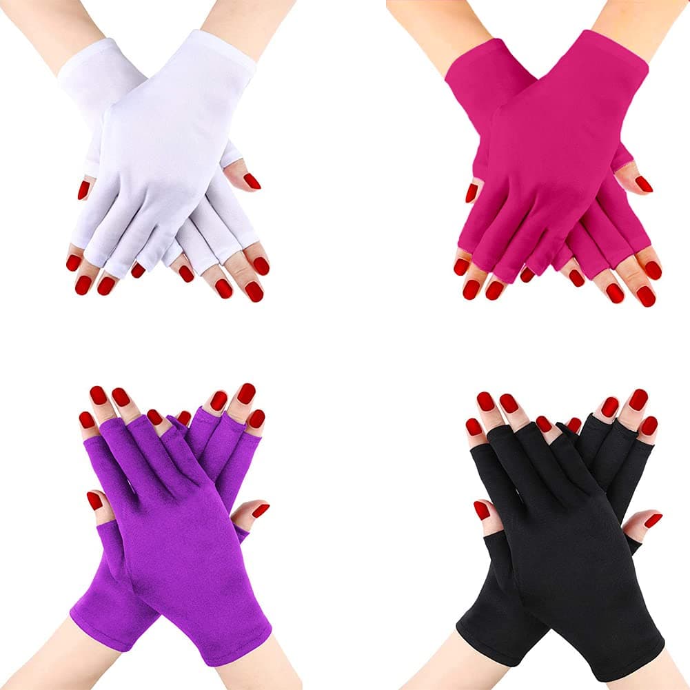 Jolbndcv 4 Pairs UV Glove for Nail Lamp, UPF50+ Protection Gloves Manicures Anti Block UV Ray Fingerless Glove for Girl Women White,Black,Purple,Pink