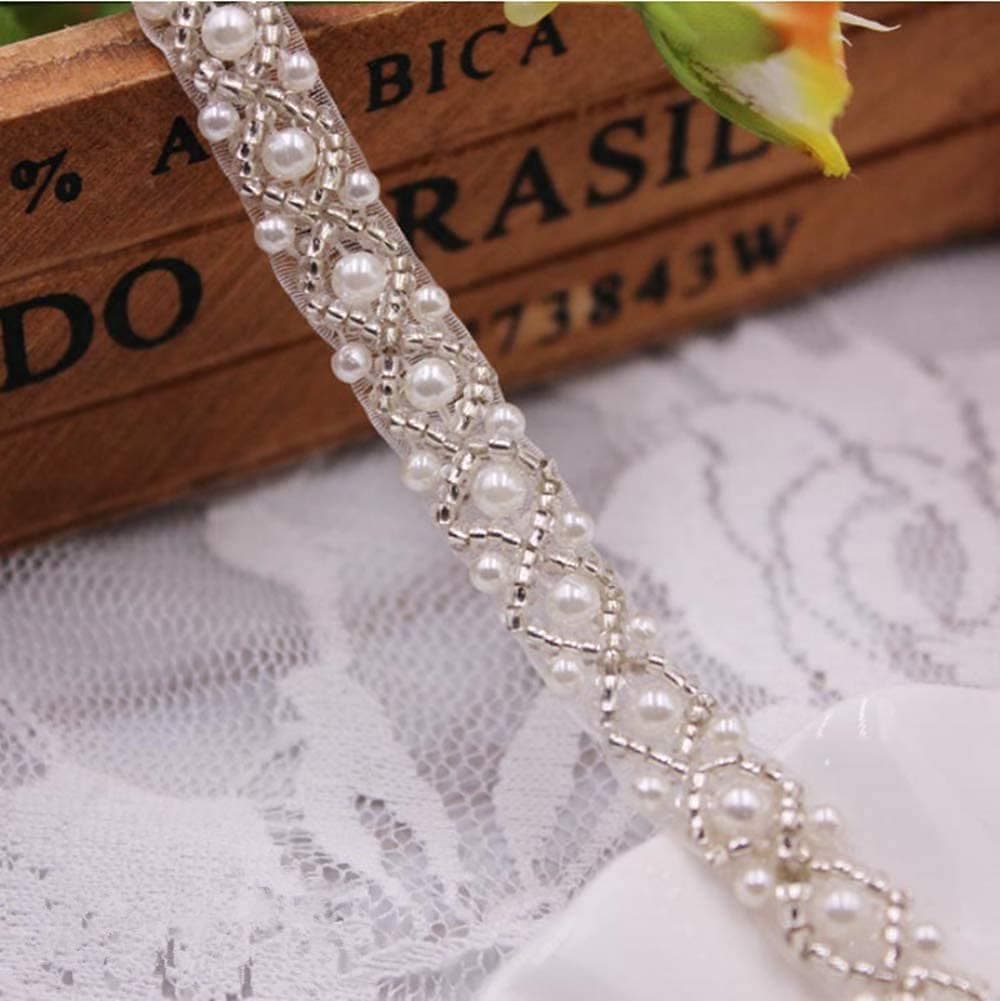 FQTANJU 2 Yards 1cm Pearl Beaded Trim Bridal Lace Ribbon Trimming Edge Straps for Wedding Dress Sewing Crystal Rhinestone Applique Craft DIY Decoration （1# White）