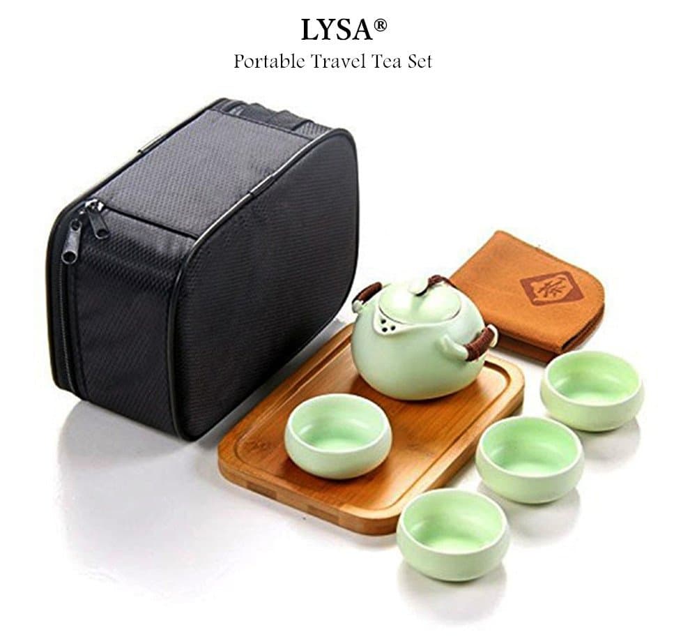 LYSA Portable Travel Tea Set - Chinese/Japanese Style Portable Travel Bag,100% Ceramic Kung Fu Tea Set -- Teapot & Teacups & Bamboo Tea Tray & Tea Mats (Green1)
