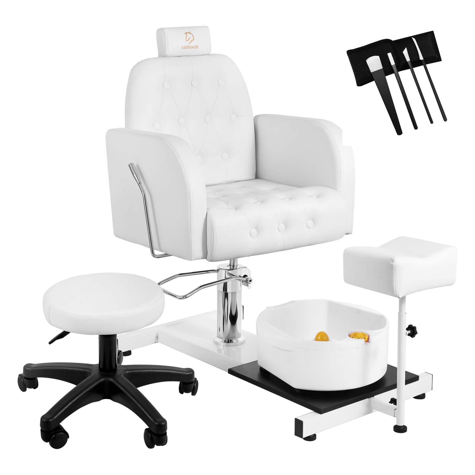Reclining Pedicure Chair No Plumbing with Foot Massage Basin & Stool, Hydraulic Adjustable Pedicure Chair Station, 360° Rotation Beauty Spa Salon Unit Station - White