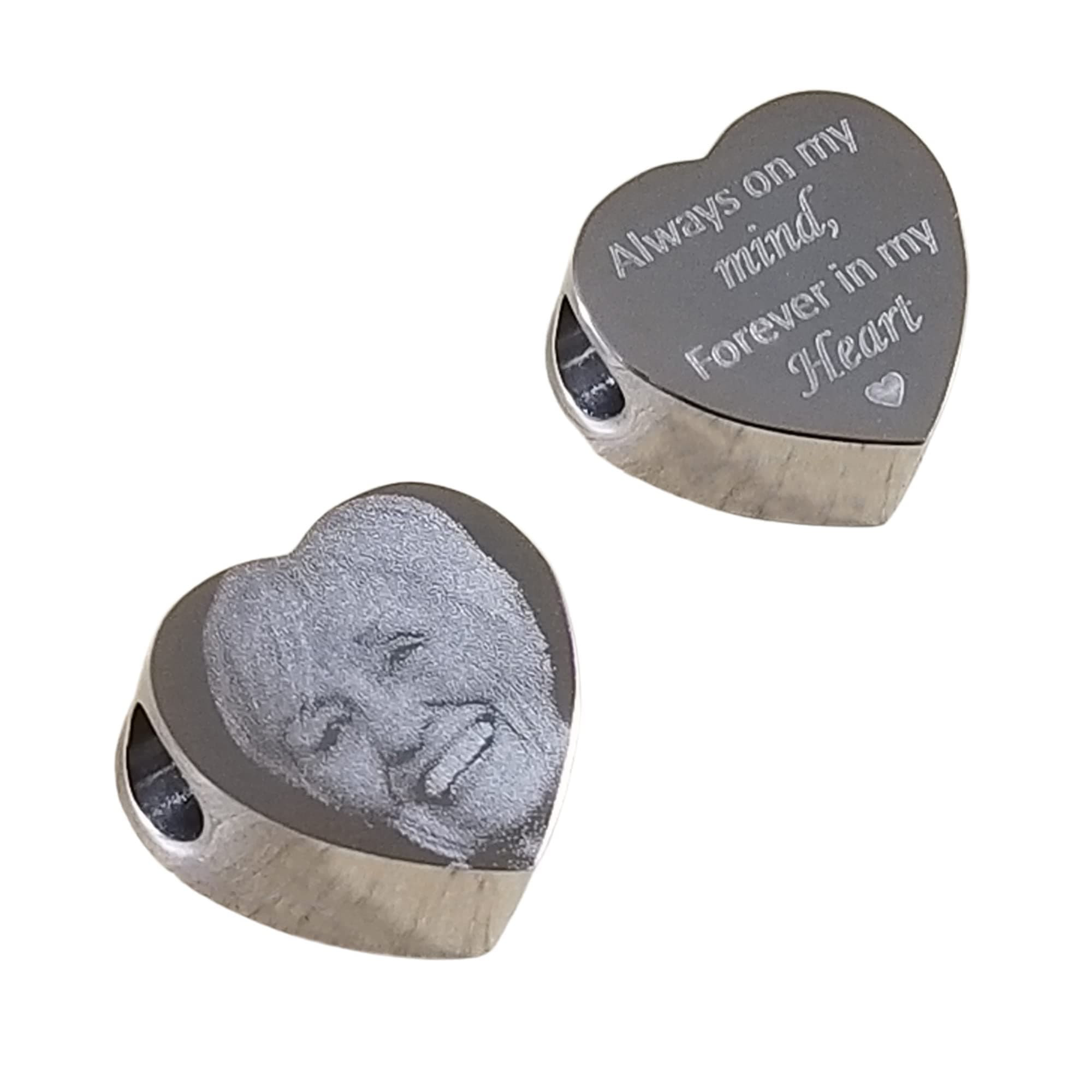 Personalised Memorial Photo Engraved Heart Charm - In Loving Memory, Funeral, RIP, Angel Baby - Fits Pandora Bracelets - Double sided engraving