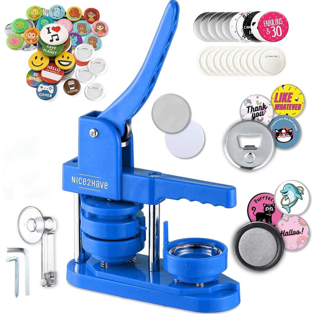 Button Maker Machine 2.25 inch (58mm),(100pcs Buttons,5pcs Bottle Openers,5pcs Fridge Magnets, 500+ Free Designs,Circle Cutter&Magic Book&Papers),Installation-Free Pin Maker Machine (Blue)