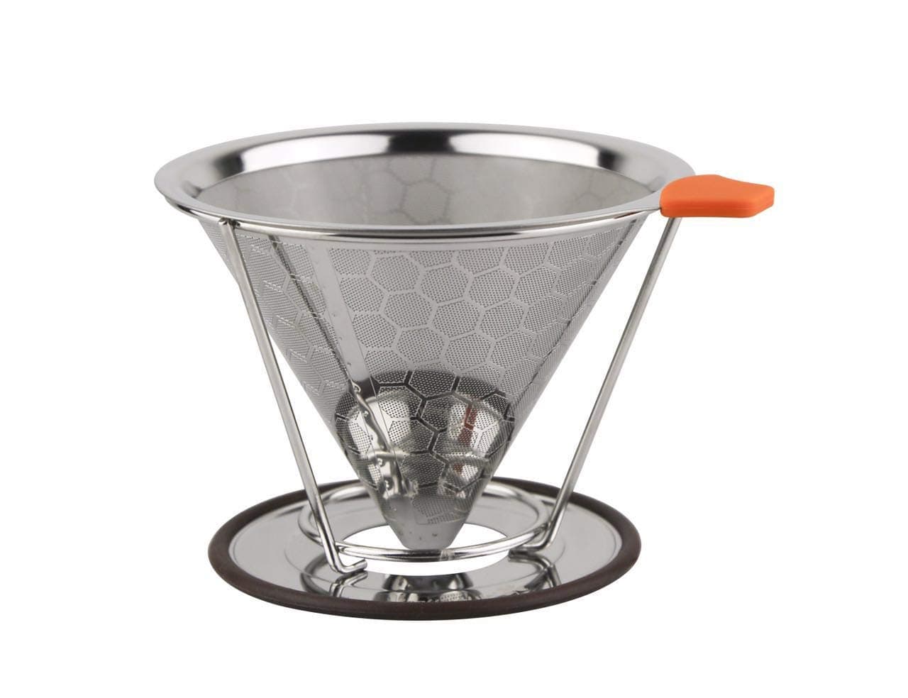 Premium Pour Over Coffee Filter - Standard 1-to-4 Set Cup Stainless Steel, Ultra-Fine Double Mesh Paperless Dripper Cone with Silicone, Non-Slip Handle - Dishwasher Safe (Pattern)