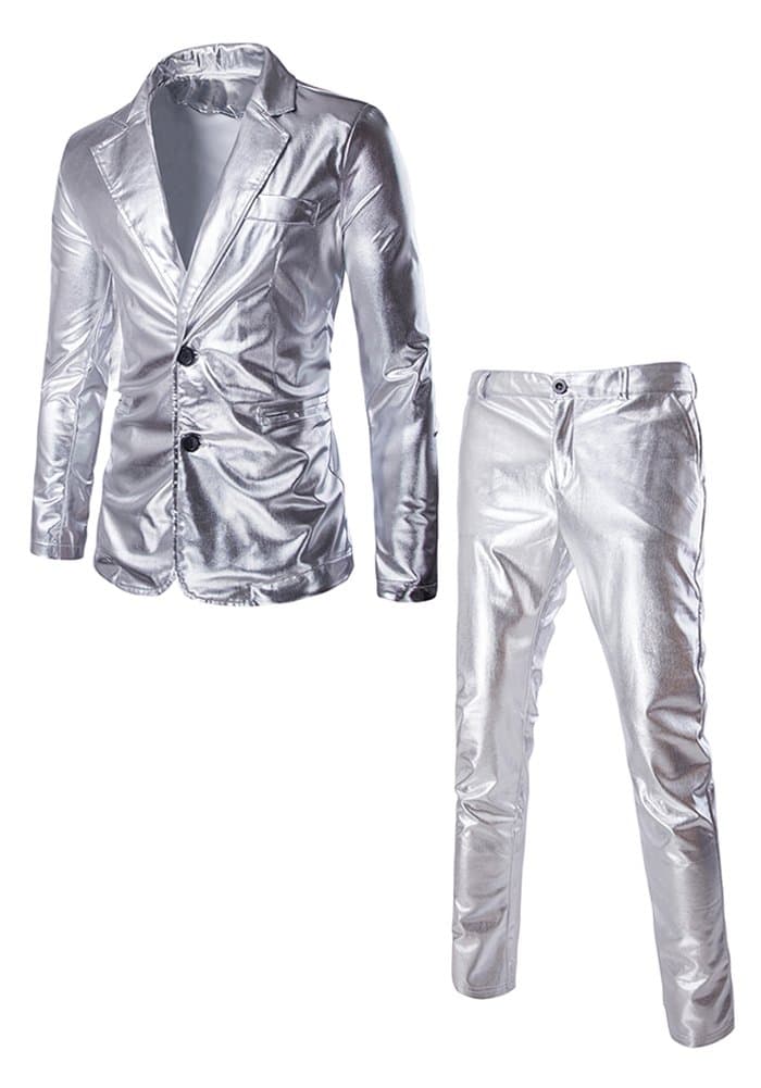 JKQA Men's Metallic Slim Fit Casual Blazer Jacket 2 Piece Outfit Suit (M, Silver)